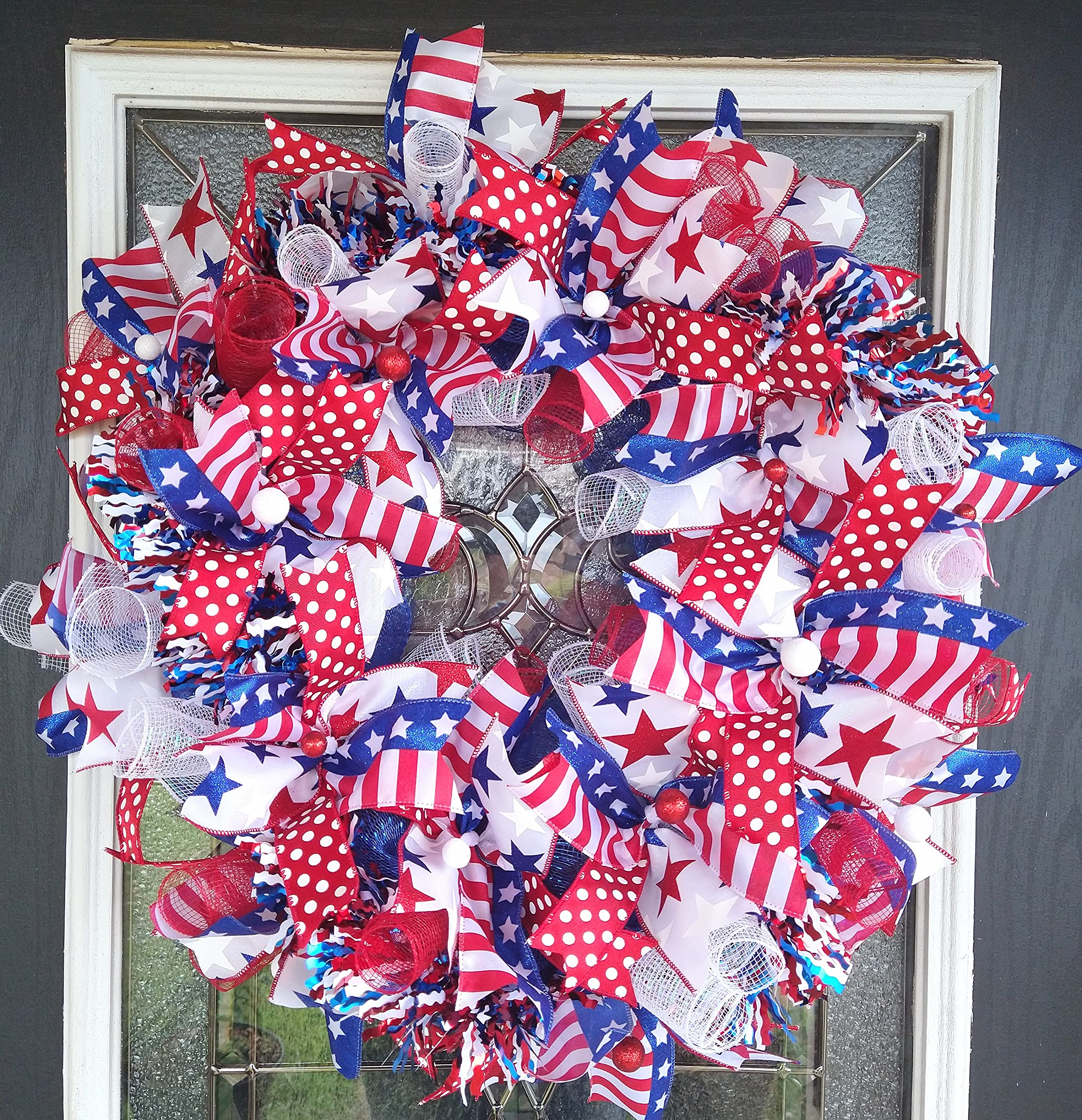 Patriotic 4th of July Bling Deco Mesh Wreath - Red White Blue Front Door Decor for Summer, Independence Day, Birthday Party | Indoor Outdoor Home Decor