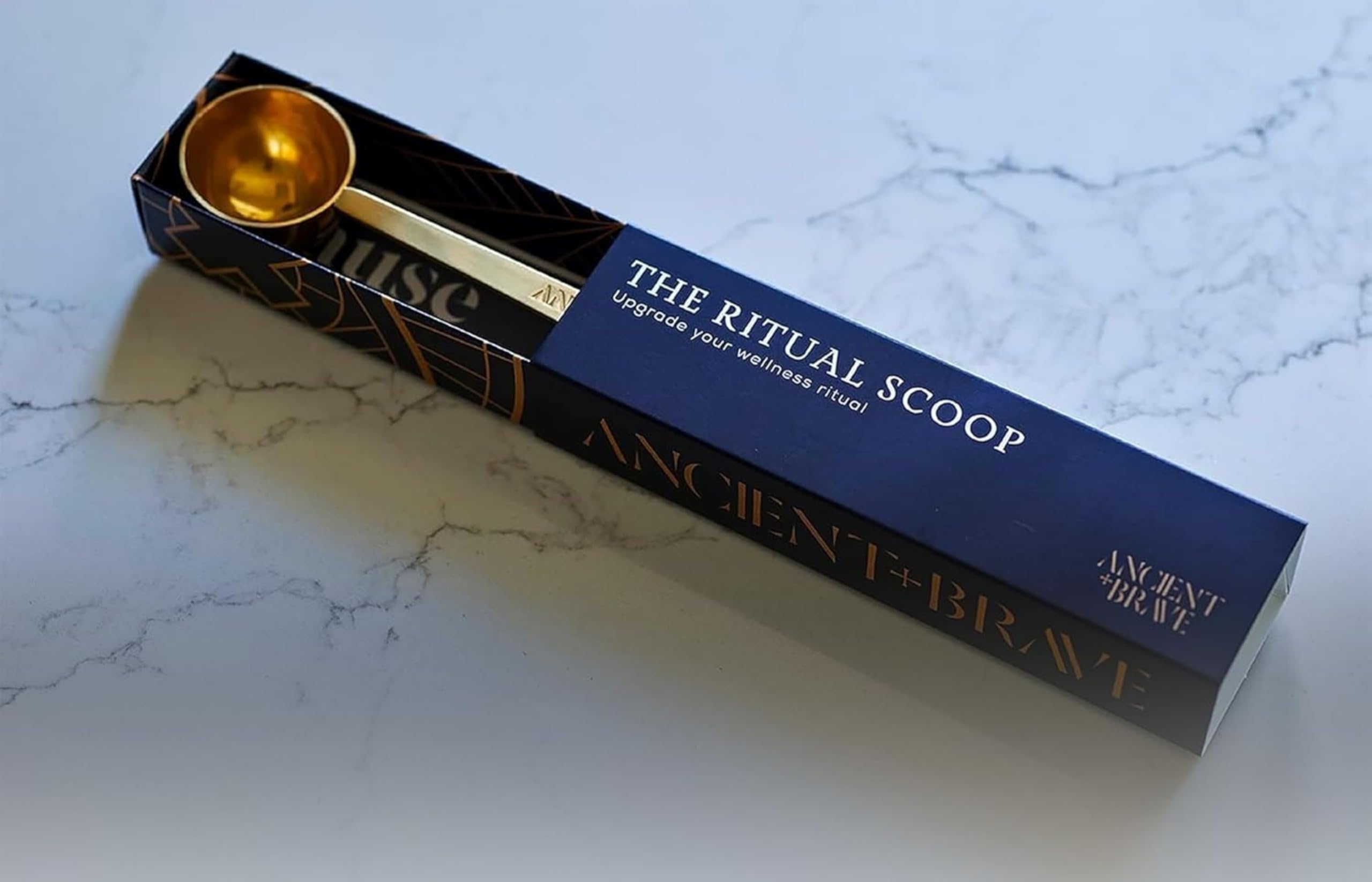 Ancient + Brave - Gold Stainless Steel Ritual Scoop Measuring Spoon for Collagen Supplements & Powders - Precise Approximate Measure - Elegant Gift Box Included - Perfect for Coffee, Tea, Protein Shakes & Baking