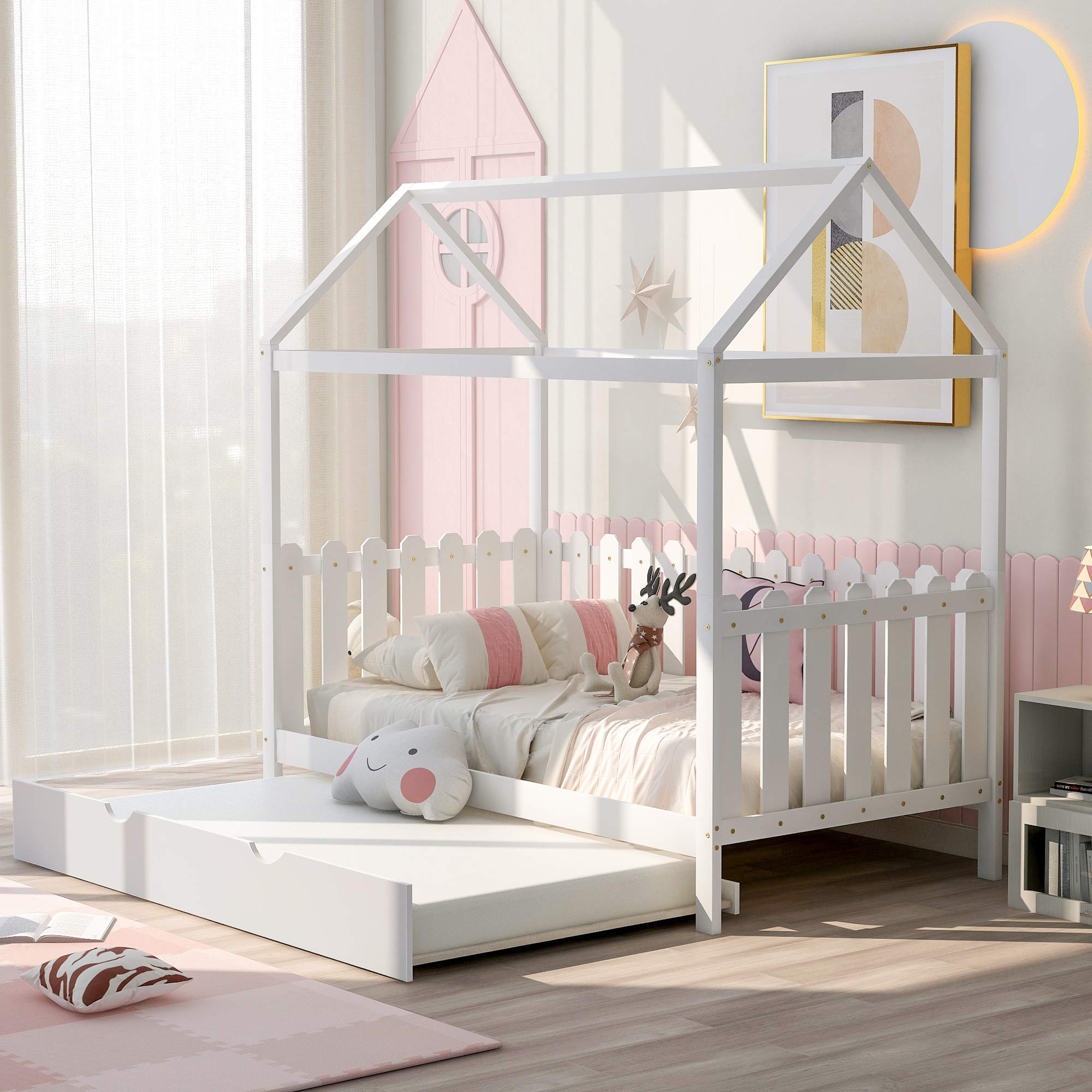 Twin Size Kids Bed Frame with Roof and Fence - House Style Trundle Bed for Children's Room, No Box Spring Needed - Perfect for Small Spaces, Sleepovers & Playroom Decor
