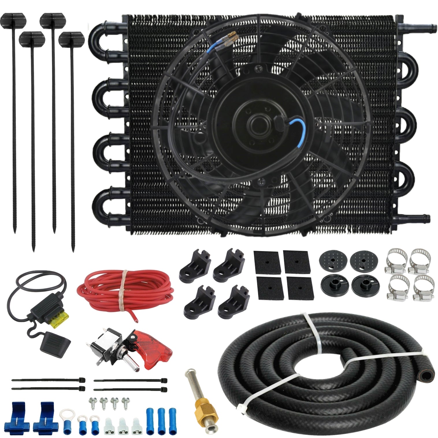 8 Row 3/8 Inch Transmission Oil Cooler with Electric Fan & Toggle Switch Wiring Kit - Universal Fit for Trucks, SUVs & Performance Vehicles - Perfect for Off-Roading, Towing & High-Performance Cooling