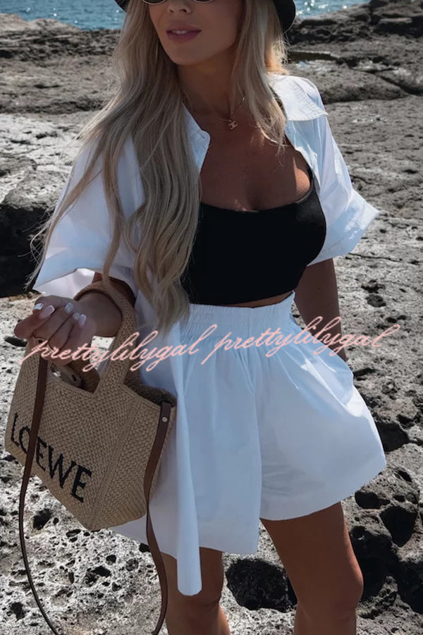 Women's Summer Casual Loose Short Sleeve Shirt & Elastic High Waist Shorts Set - Comfortable Outfit for Beach Vacation, Streetwear and Daily Wear