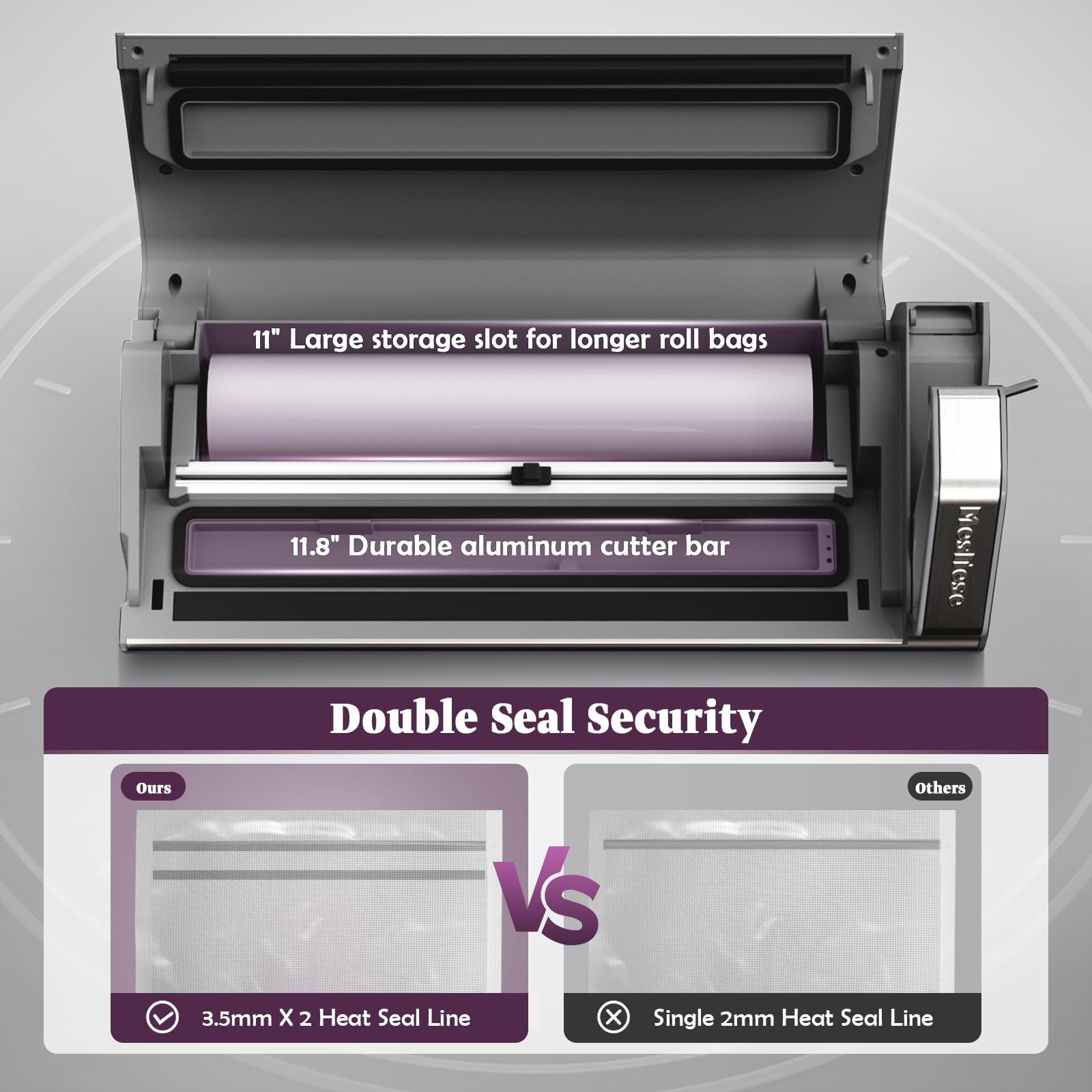 Powerful 95kPa 140W Vacuum Sealer Machine with One-Hand Operation | Double Seal Strip, Built-in Cutter & Countdown Display | Includes 2 Bag Rolls & 5 Pre-cut Bags | PULSE & Marinate Modes | Perfect for Food Storage, Meal Prep & Sous Vide Cooking