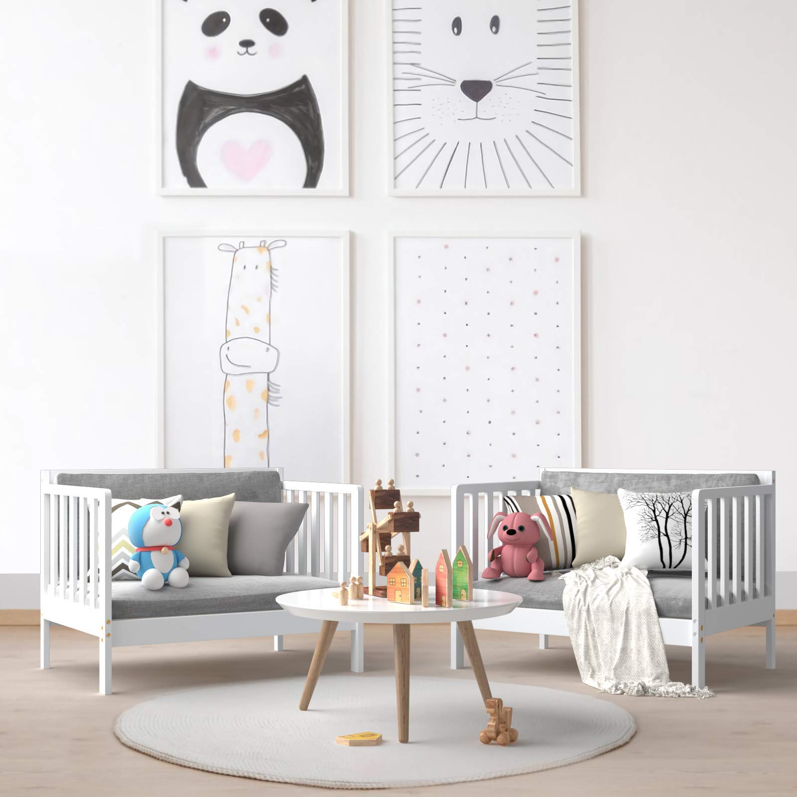 Costzon 2-in-1 Convertible Wood Toddler Bed Frame with Safety Guardrails & Footboard - White Kids Floor Bed for Boys & Girls - Fits Full Size Crib Mattress - Perfect for Nursery, Daycare or First Big Kid Bed