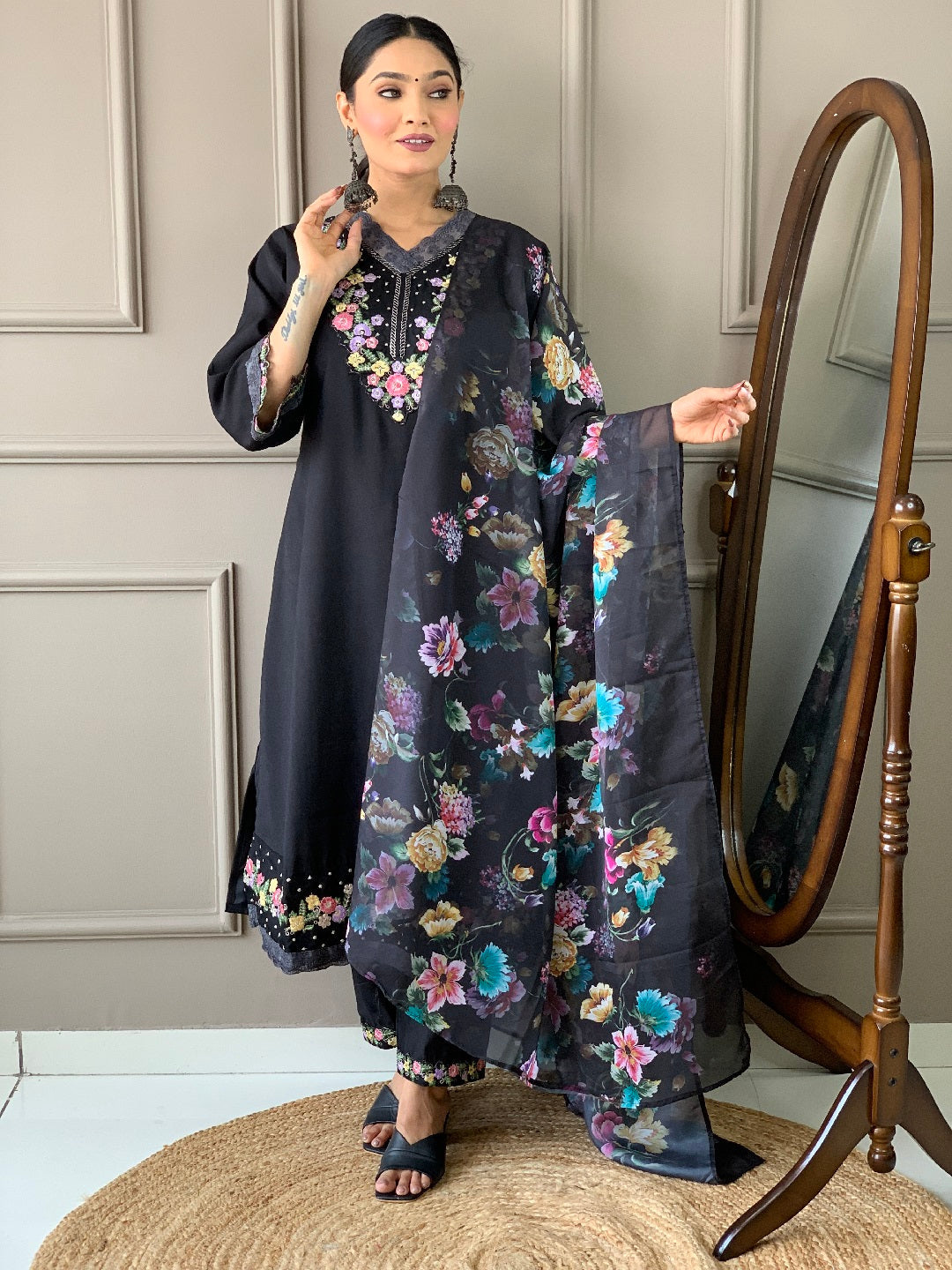 Elegant Black Designer Ready-Made Pant Suit with Printed Embroidery Work - Formal Office Wear & Special Occasion Outfit for Women