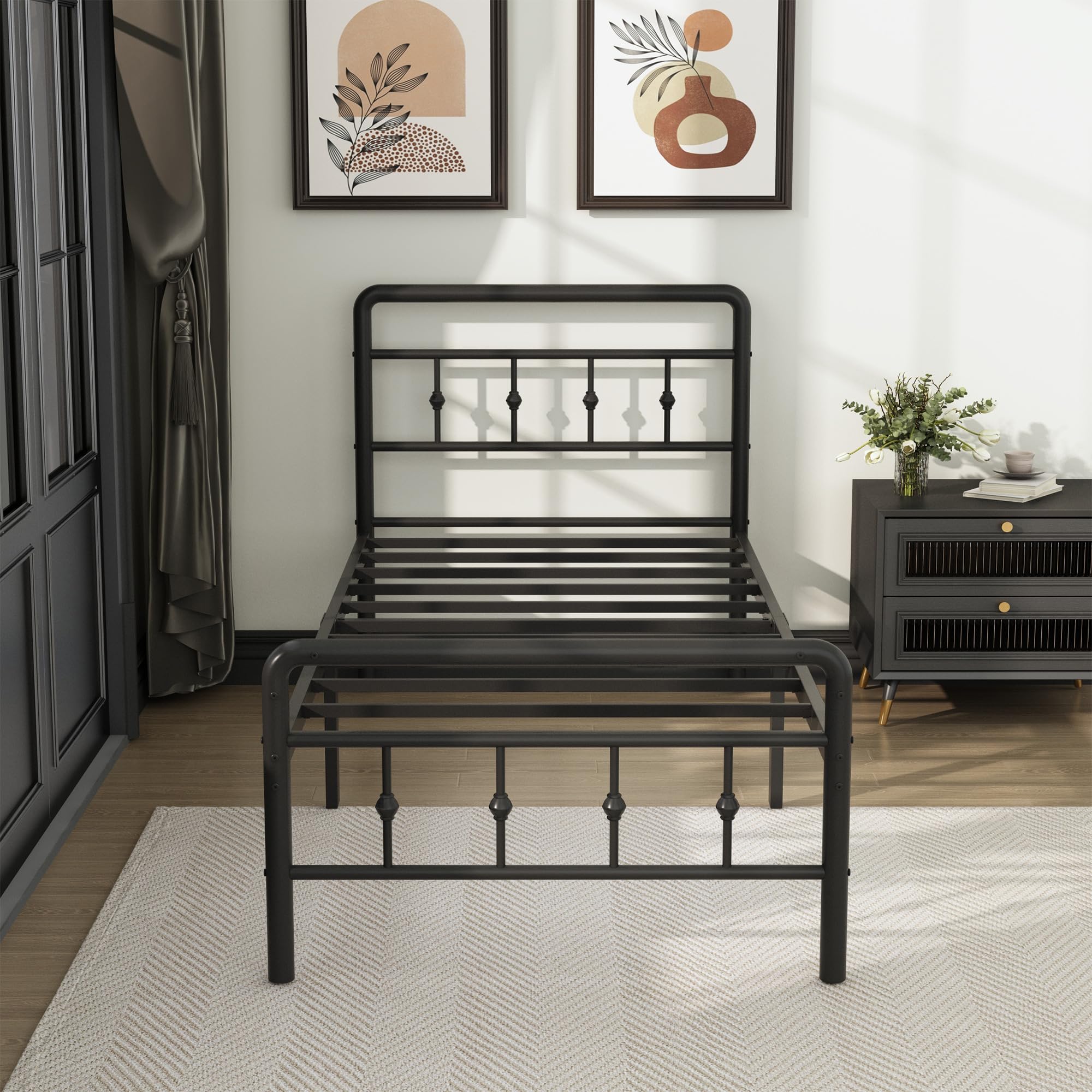 Classic Victorian Style Metal Twin Bed Frame with Headboard & Footboard - 16 Inch Heavy Duty Platform, No Box Spring Needed - Perfect for Guest Rooms, Kids' Bedrooms & Under Bed Storage