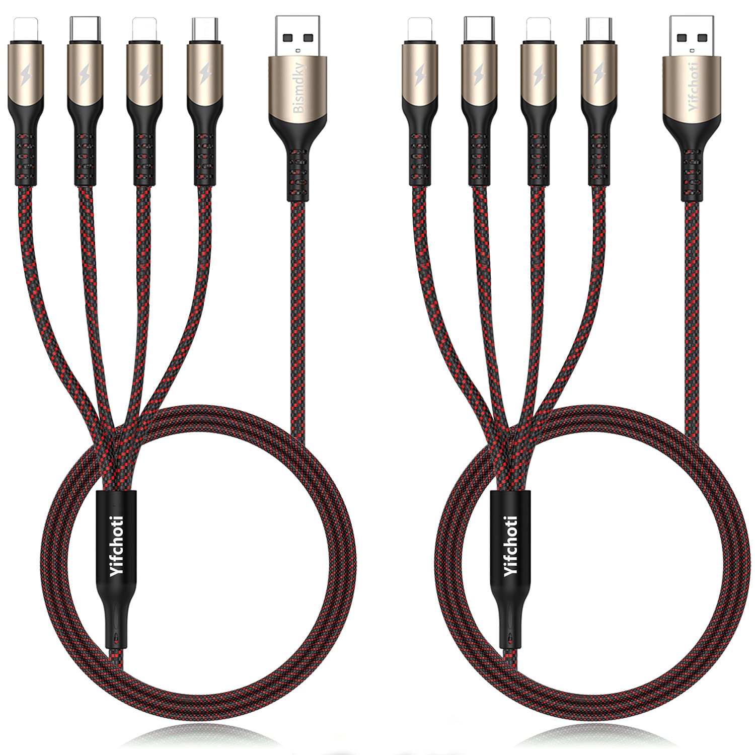 2-Pack 4FT 4-in-1 Nylon Braided Fast Charging Cable - USB-C/Micro USB/Lightning Compatible for iPhone 15/14/13 Pro Max, iPad Air/Mini 6, Galaxy S23, Android Phones & Tablets (Red) - Perfect for Home, Office, Travel & Car Charging