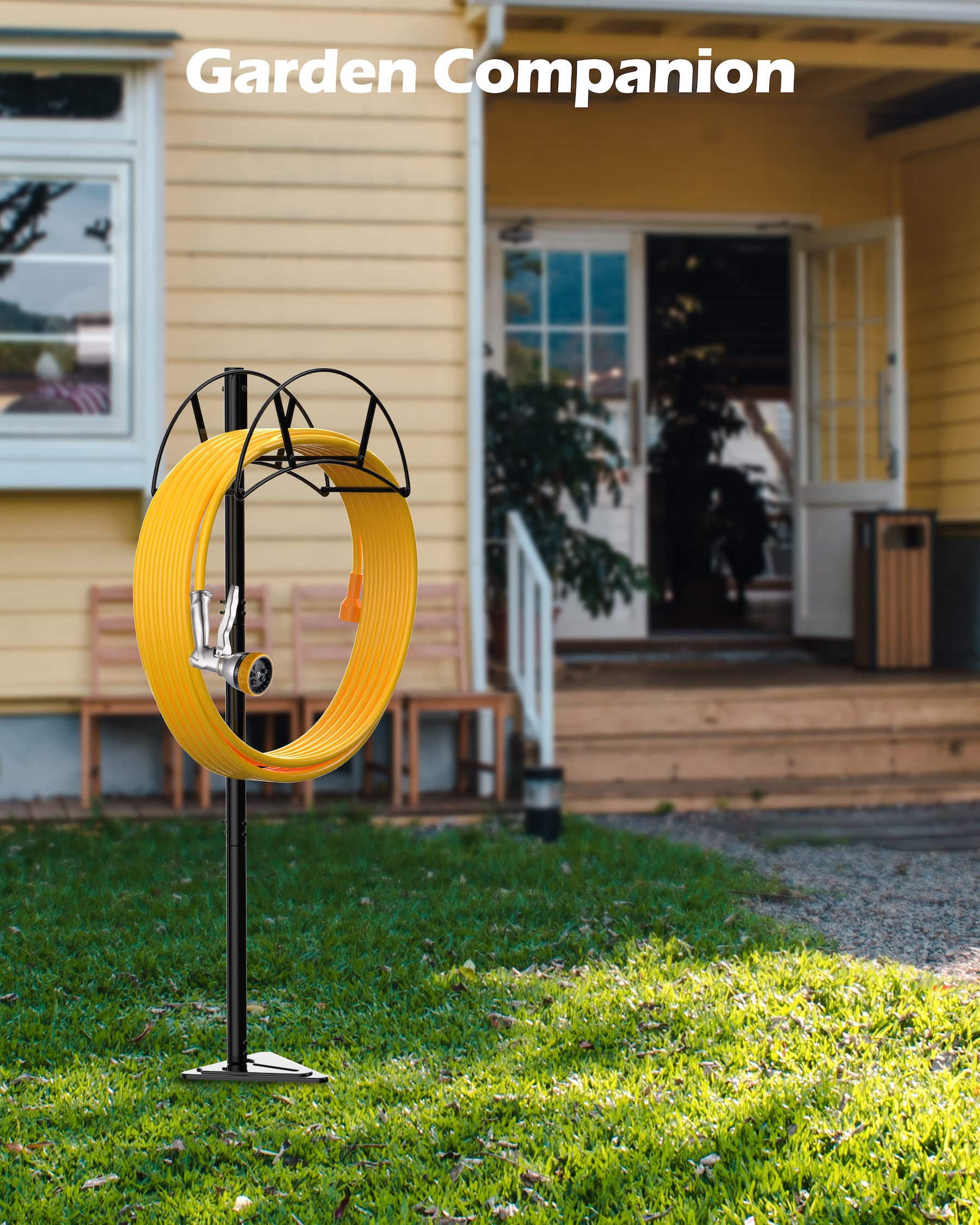 Suchek Heavy Duty Metal Garden Hose Holder Stake - Freestanding In-Ground Water Hose Stand & Organizer for Outdoor Yard Use (Black) - Perfect for Lawn, Garden, and Backyard Watering