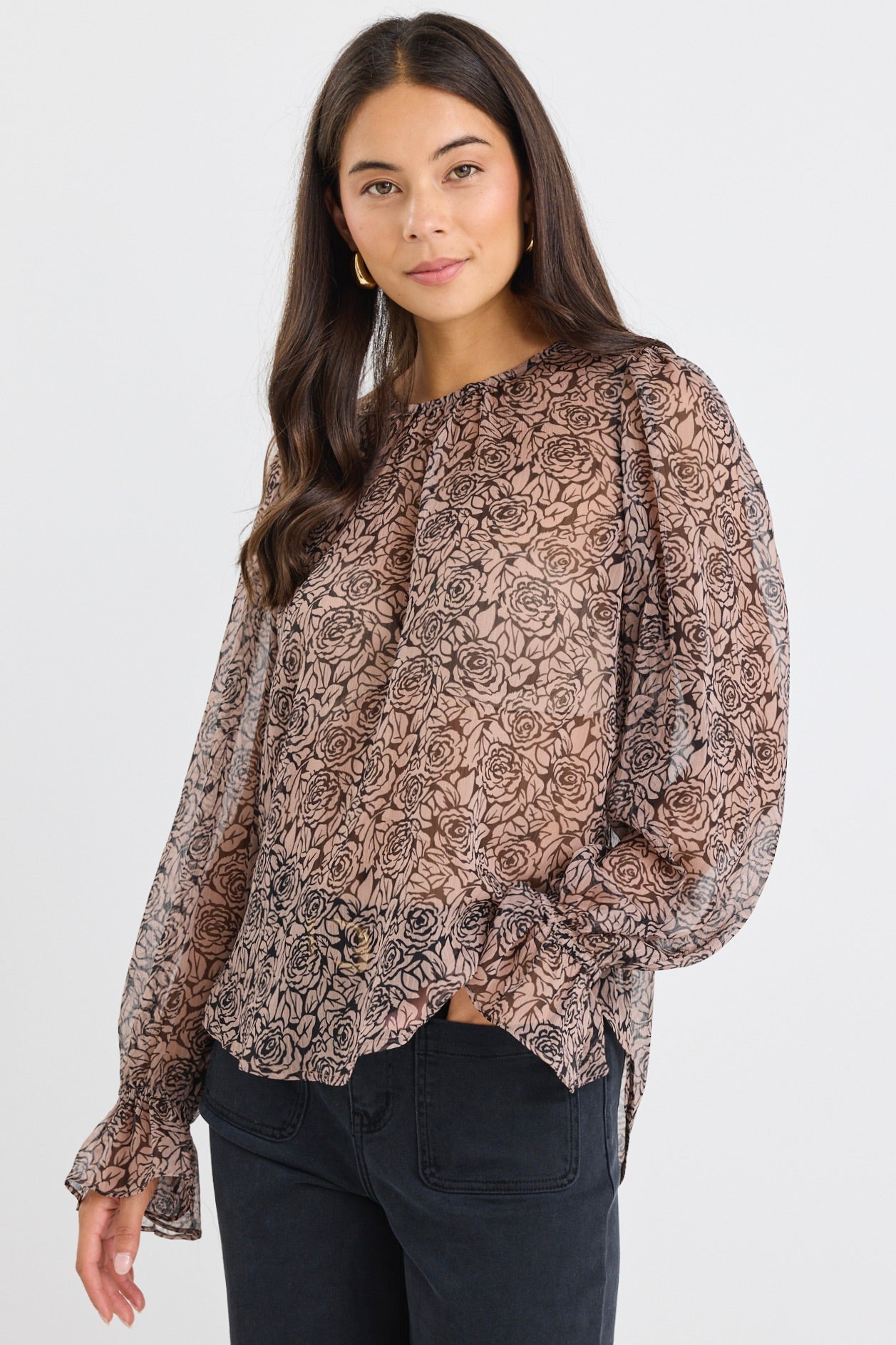 Black Taupe Roses Georgette Blouson Sleeve Long Sleeve Top for Women | Elegant Floral Blouse for Office, Date Night & Special Occasions