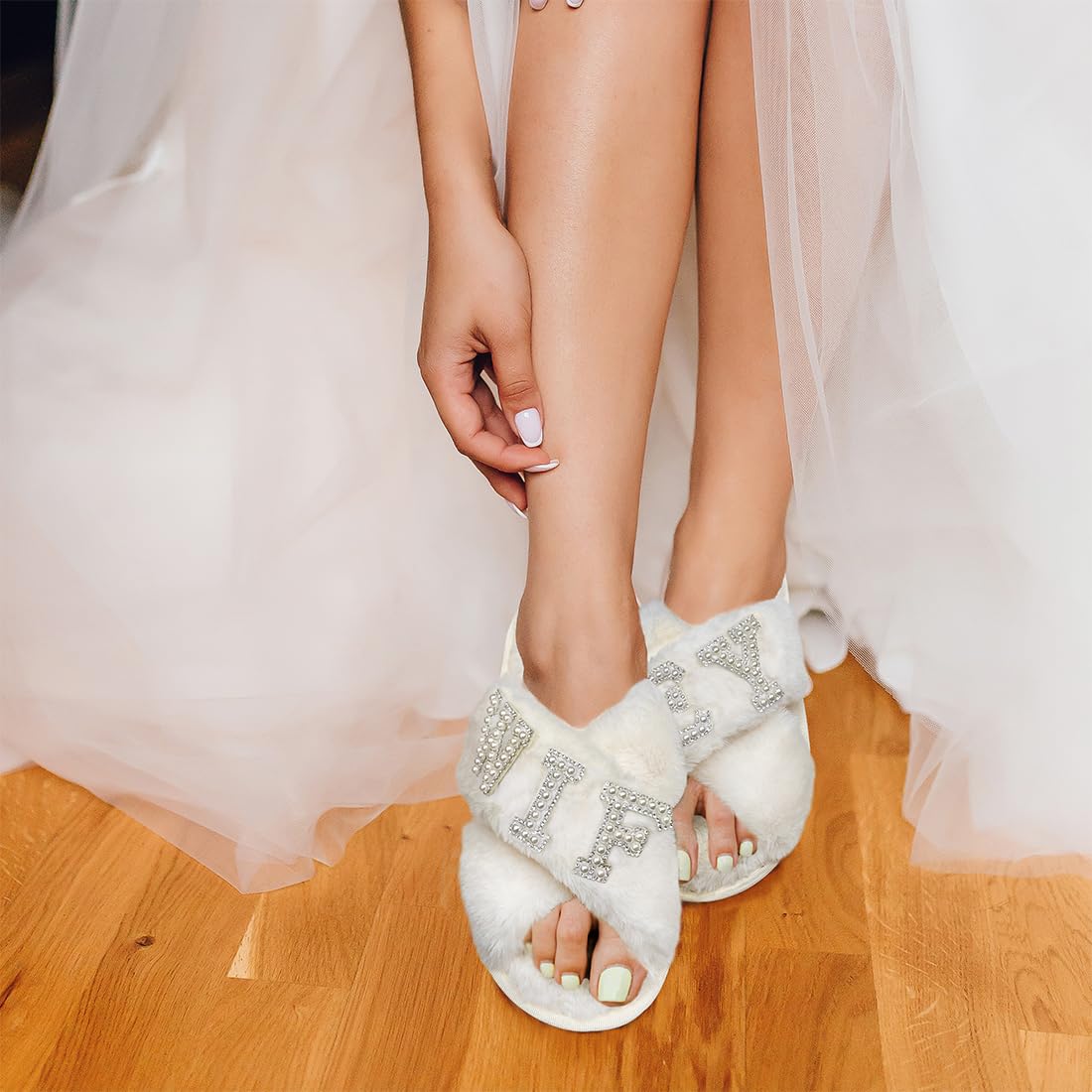 VOPHIA Bride Fuzzy Slippers - Soft Wedding Slippers with Cross Band Design, Perfect Bridal Shower Gift for Bride (Ideal for Getting Ready, Honeymoon & Bridal Suite)