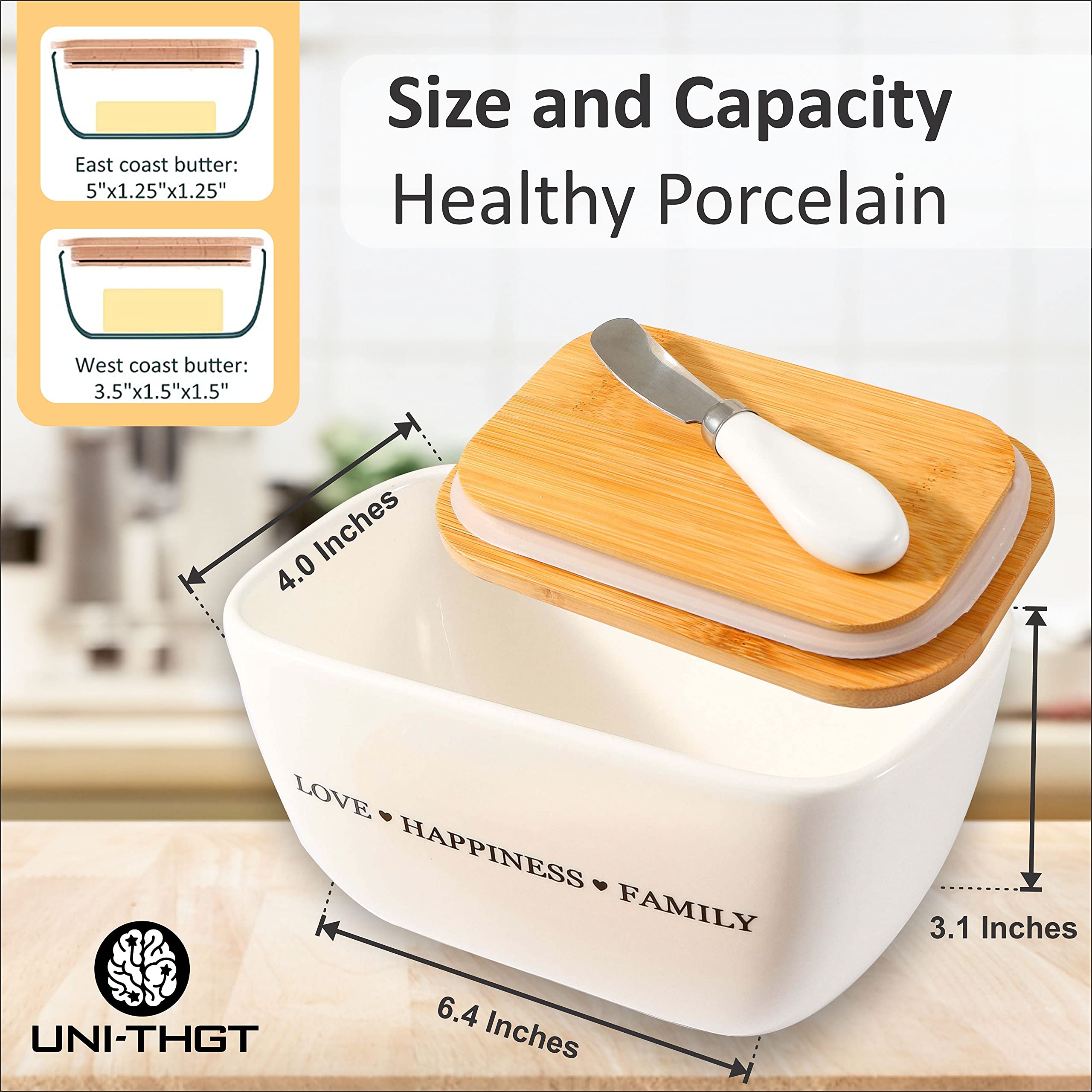Ceramic Butter Dish with Lid and Knife Holder - Butter Keeper & Countertop Storage Container - Fresh Butter Tray for Kitchen, Dining Table, and Breakfast Buffet - by UNI-THGT