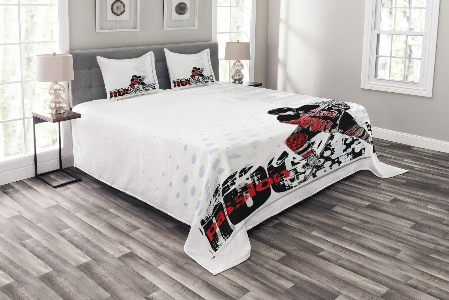 Ambesonne Hockey Bedspread Set - 3-Piece King Size Bedding with 2 Pillow Shams, Goalie Sports Theme, Multicolor | Perfect for Hockey Fans, Game Room Decor & Sports-Themed Bedrooms