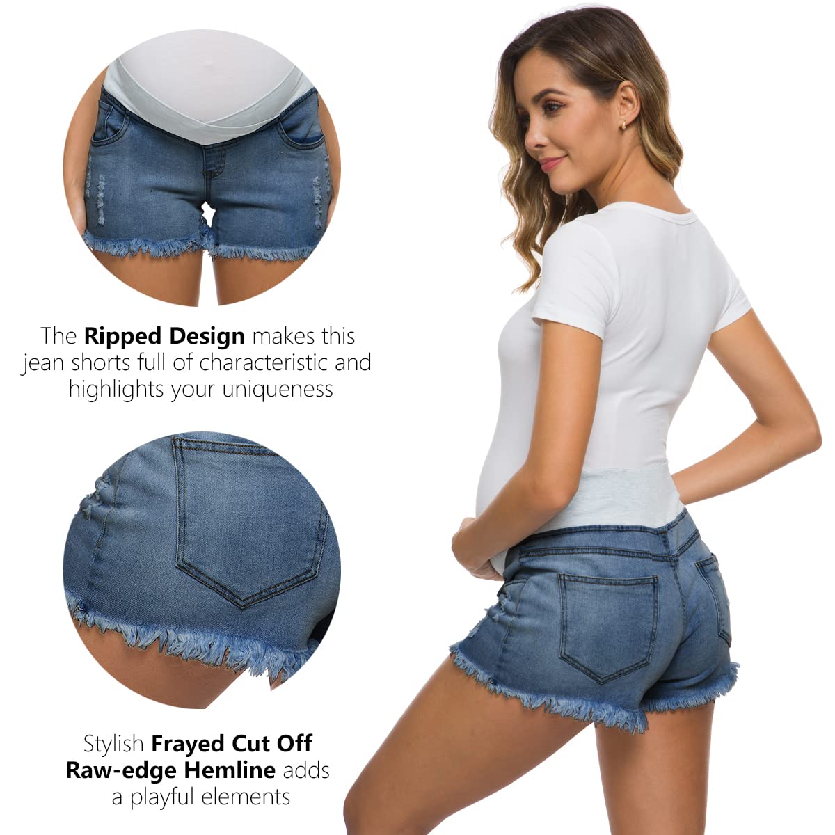 Foucome Women's Maternity Ripped Jean Shorts - Distressed Denim Shorts for Summer Pregnancy Comfort | Perfect for Casual Outings, Beach Trips & Maternity Photoshoots