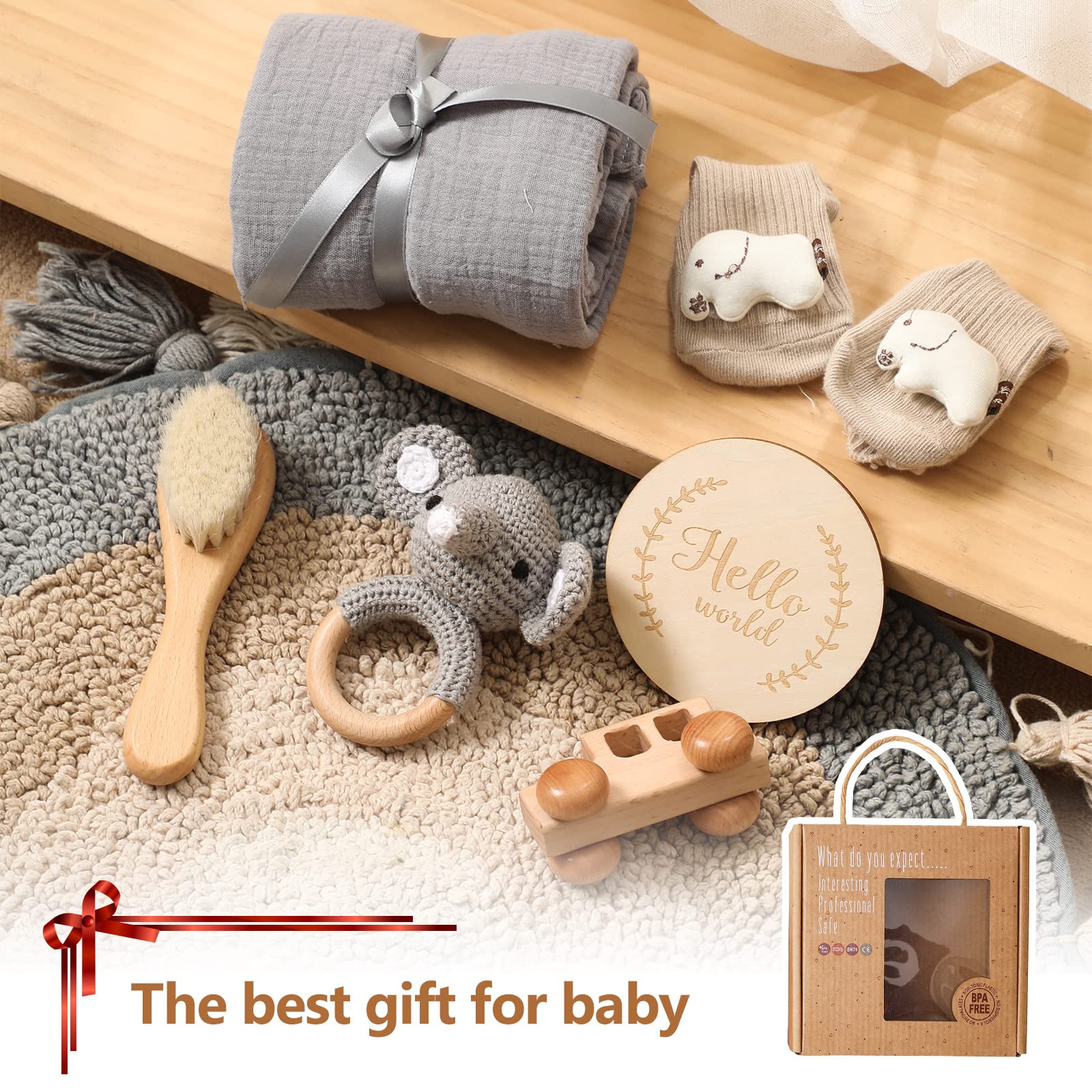 6-Piece Newborn Baby Gift Set for Boys & Girls - Baby Shower Essentials with Blanket, Rattle & Bath Items | Perfect for Newborn Gifts, Baby Showers & First Birthday Presents (Gray Elephant-5)