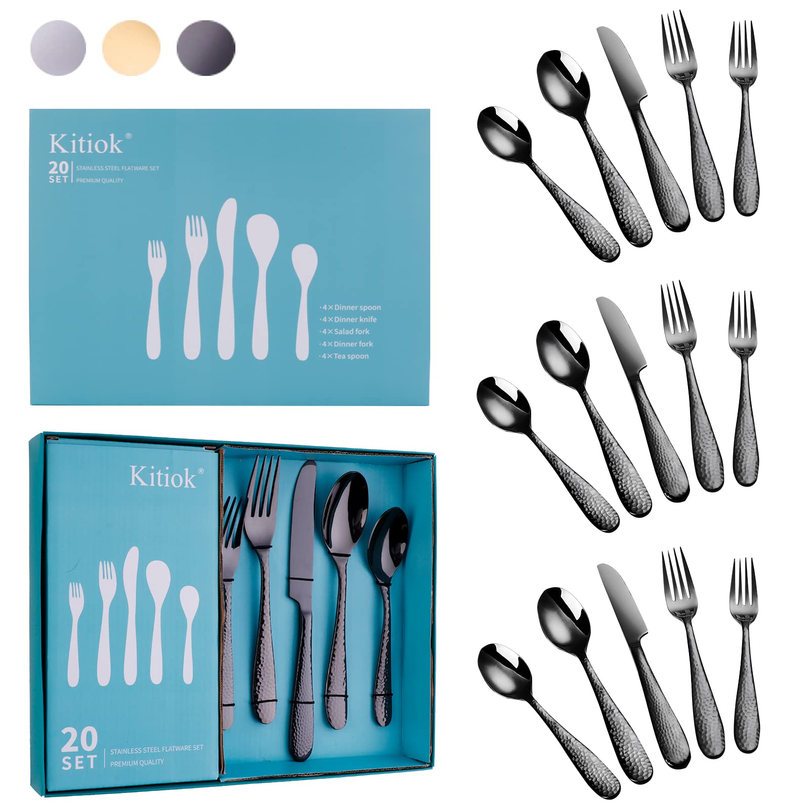 Kitiok 20-Piece Hammered Black Silverware Set - 18/10 Stainless Steel Flatware for 4 - Elegant Cutlery Set with Forks, Spoons & Knives - Dishwasher Safe - Perfect for Dinner Parties, Restaurants & Home Dining