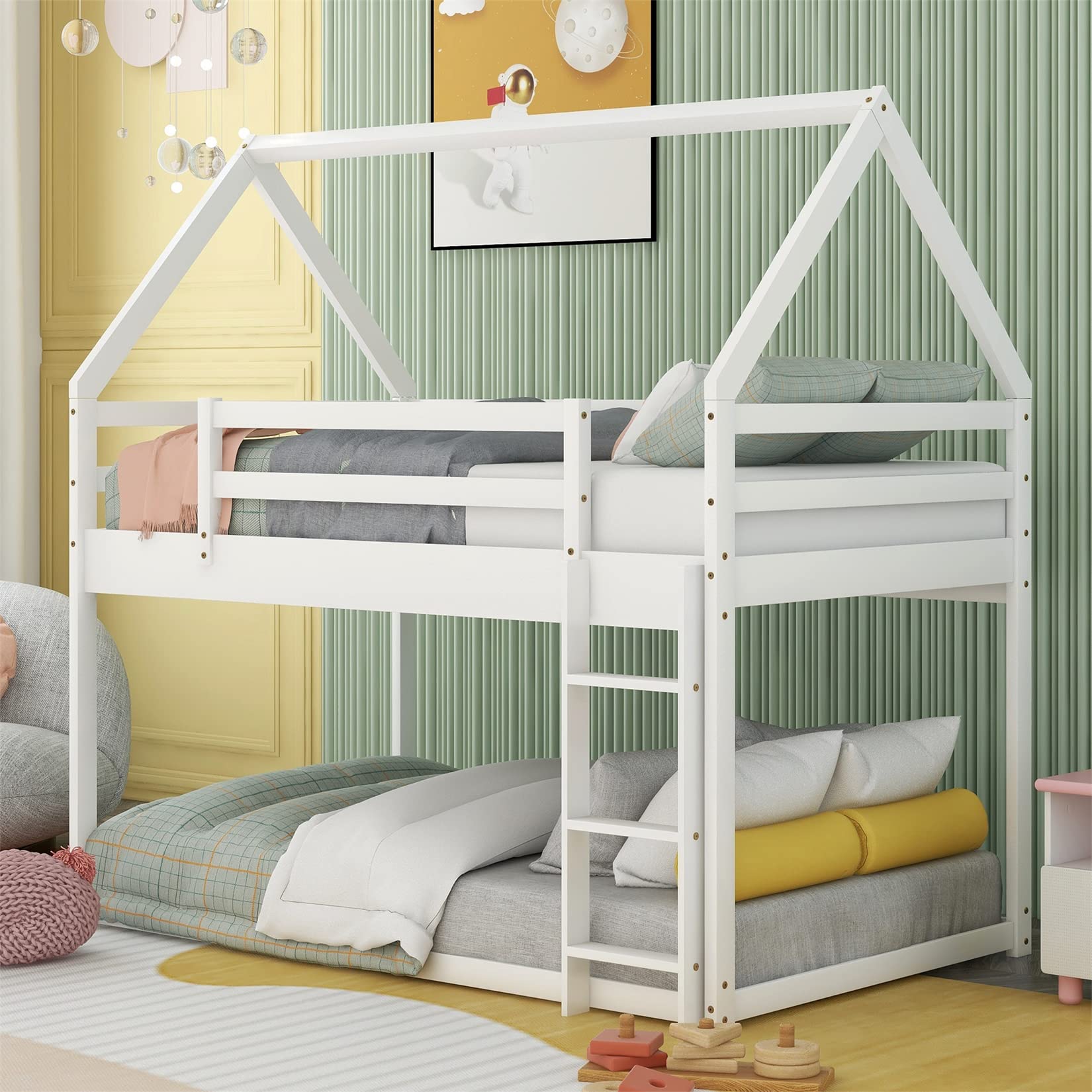 Twin Over Twin Low Bunk Bed Frame - Solid Wood House Style with Ladder & Safety Guardrail - Space Saving Kids Bunk Bed for Boys, Girls, Teens - Perfect for Small Bedrooms, Dorms & Shared Kids Rooms - White