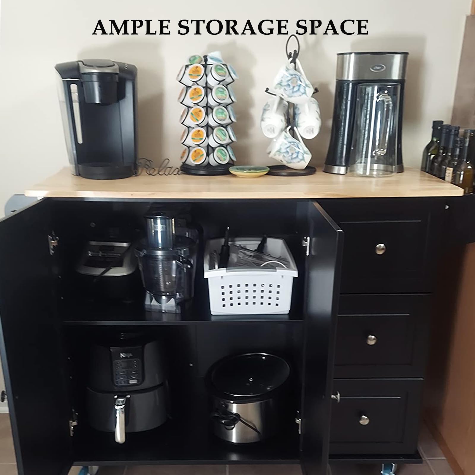 PHI VILLA Black Rolling Kitchen Island with Storage - Portable Drop Leaf Cart for Small Kitchens