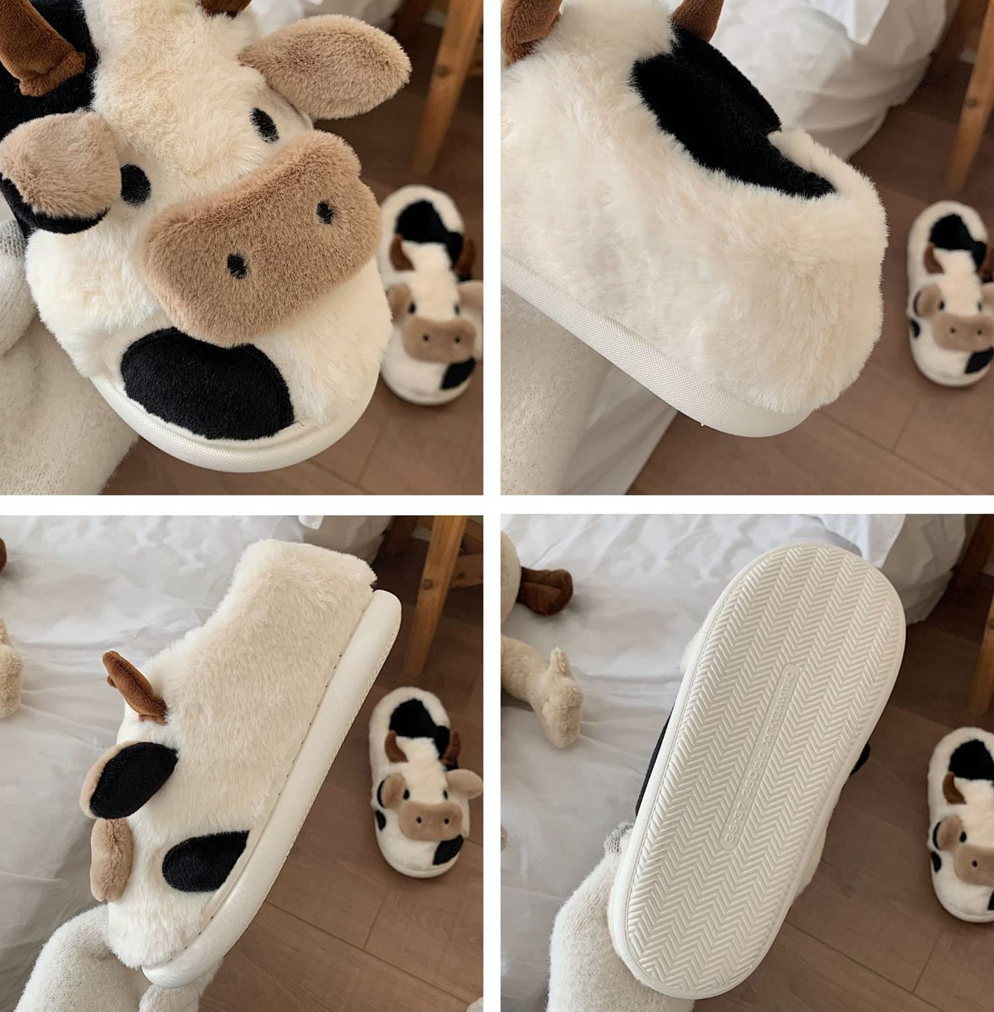 Cozy Unisex Cow Print Slippers - Soft Fluffy Closed Toe & Back House Shoes for Women & Men | Non-Slip Indoor Slides for Home, Dorm, Lounge & Winter Comfort