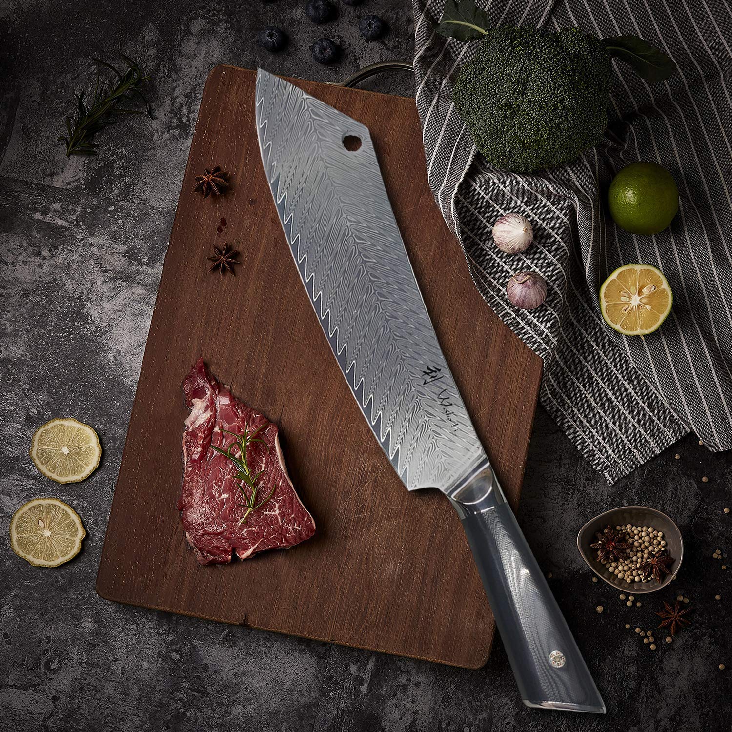**Wakoli Damascus Chef Knife 9.3-inch - Ultra Sharp 67-Layer Genuine Damascus Steel Kitchen Knife with G10 Handle, Feza Series - Perfect for Slicing, Dicing & Professional Cooking**