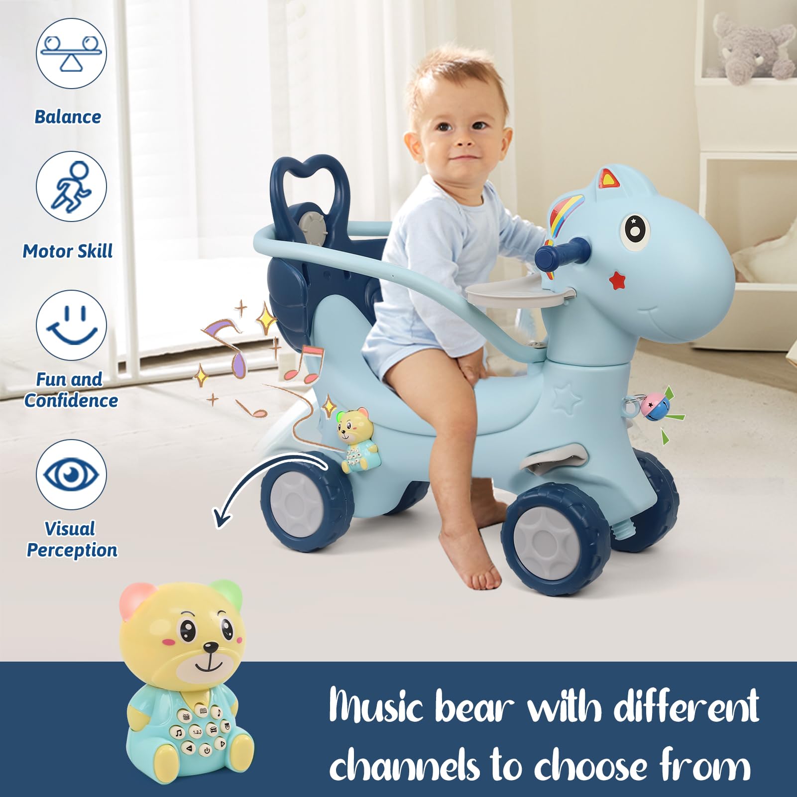**4-in-1 Rocking Horse & Balance Bike for Toddlers 1-3 Years Old – Push Handle, Backrest & Balance Board – Unicorn Ride-On Toy for Boys & Girls – Perfect for Indoor Play, Birthday Gifts & Early Learning (Blue)**