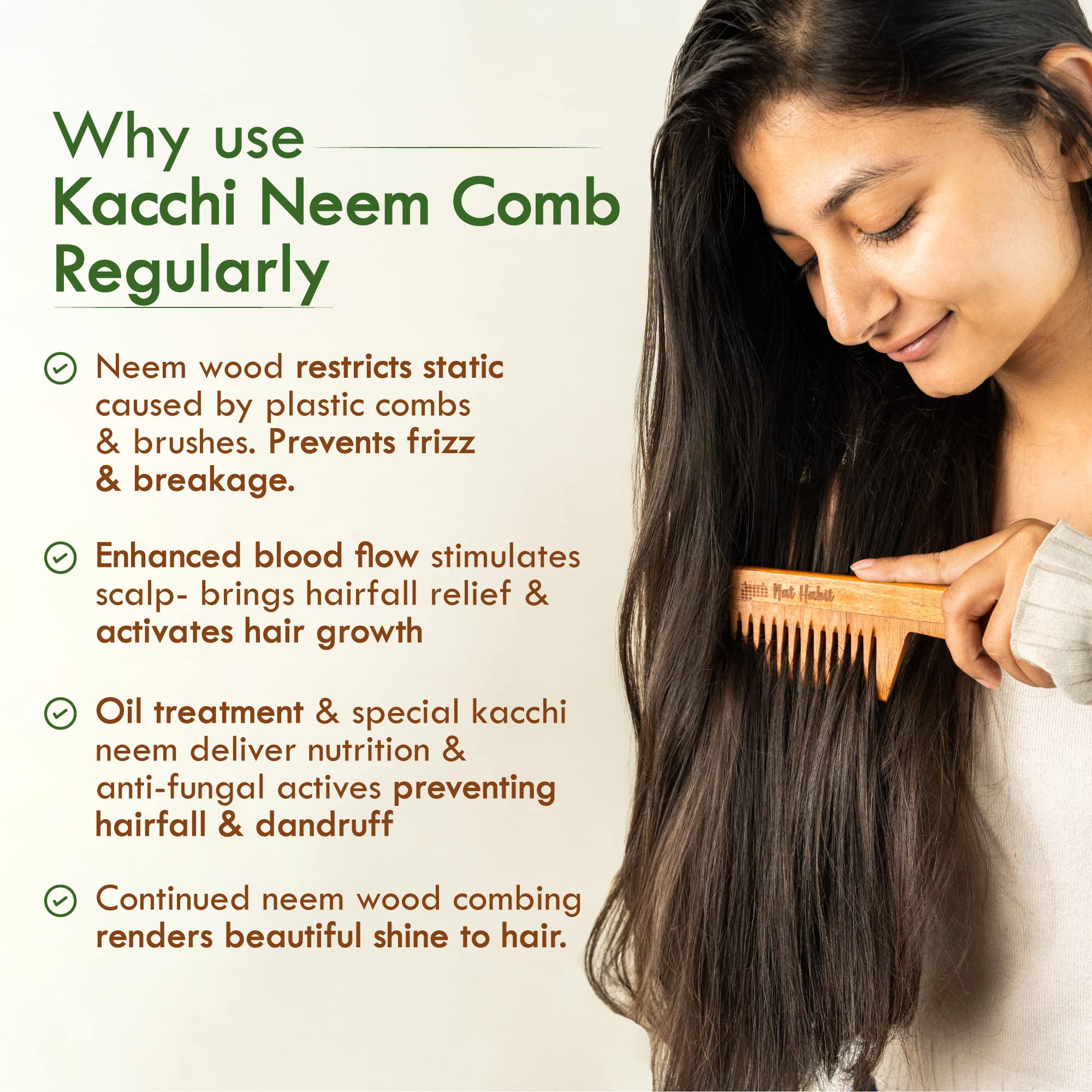 Nat Habit - Natural Wooden Wide Tooth Neem Comb & Hibiscus Hair Mask for Hair Growth, Hair Fall Control & Smoothing (Combo Pack of 3) - Perfect for Daily Hair Care & Scalp Health at Home or Travel