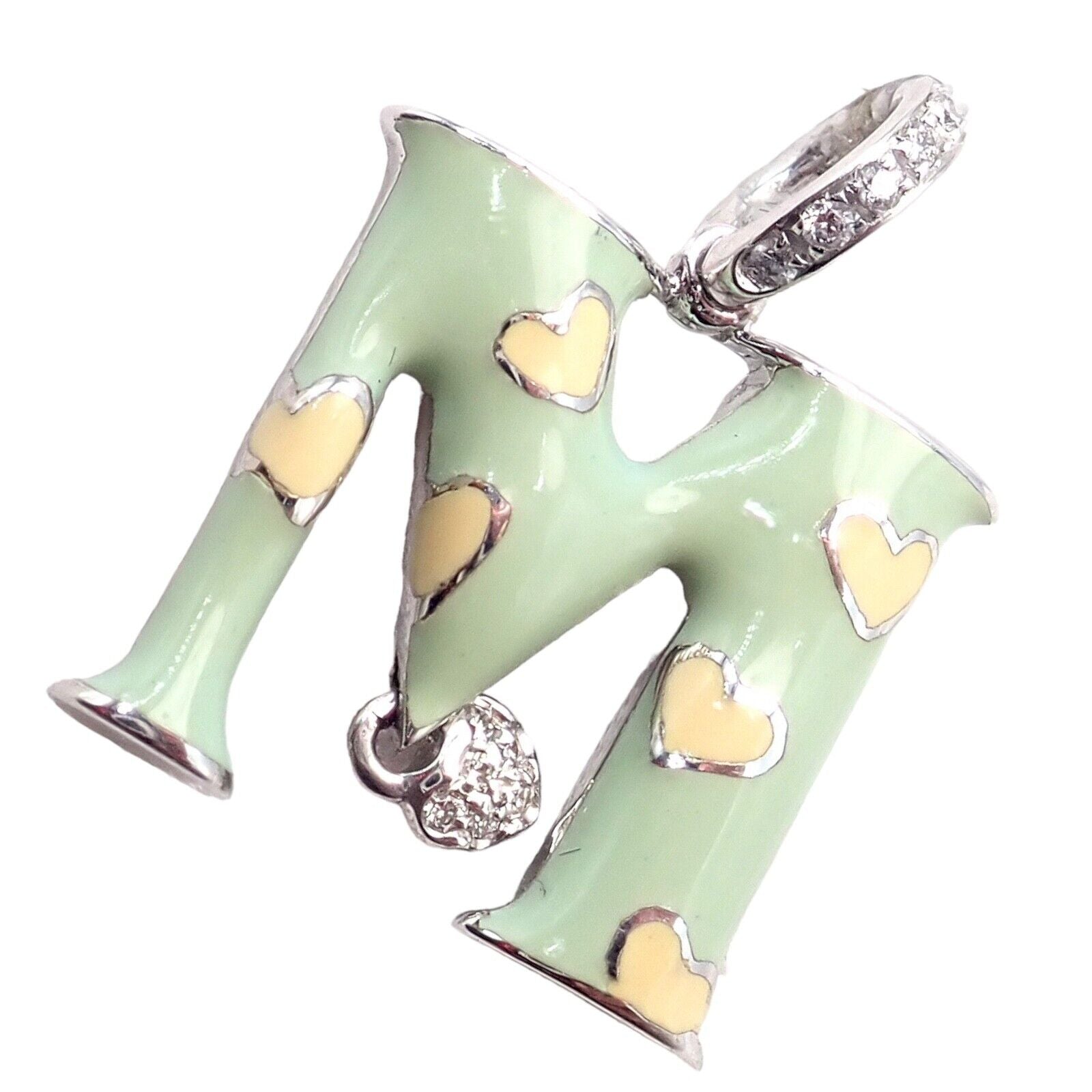 Aaron Basha 18k White Gold Diamond Green Enamel Baby M Initial Charm Pendant - Elegant Personalized Jewelry Gift for Newborns, Christening & Baby Showers