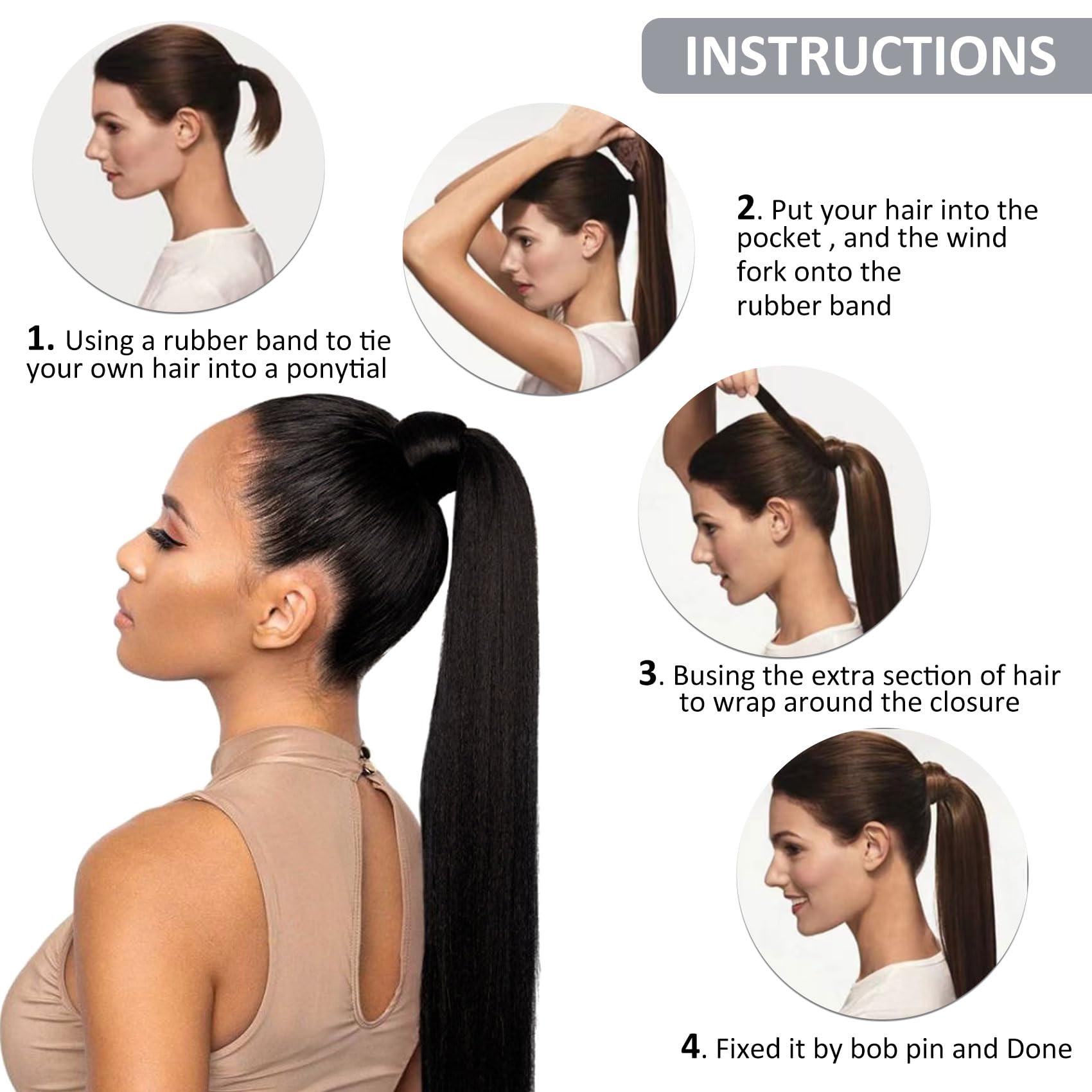 Caliee 100% Real Human Hair Extensions - 18Inch Jet Black Wrap Around Ponytail with Comb (80G) | Clip-in Hairpiece for Women | Perfect for Parties, Weddings & Daily Styling