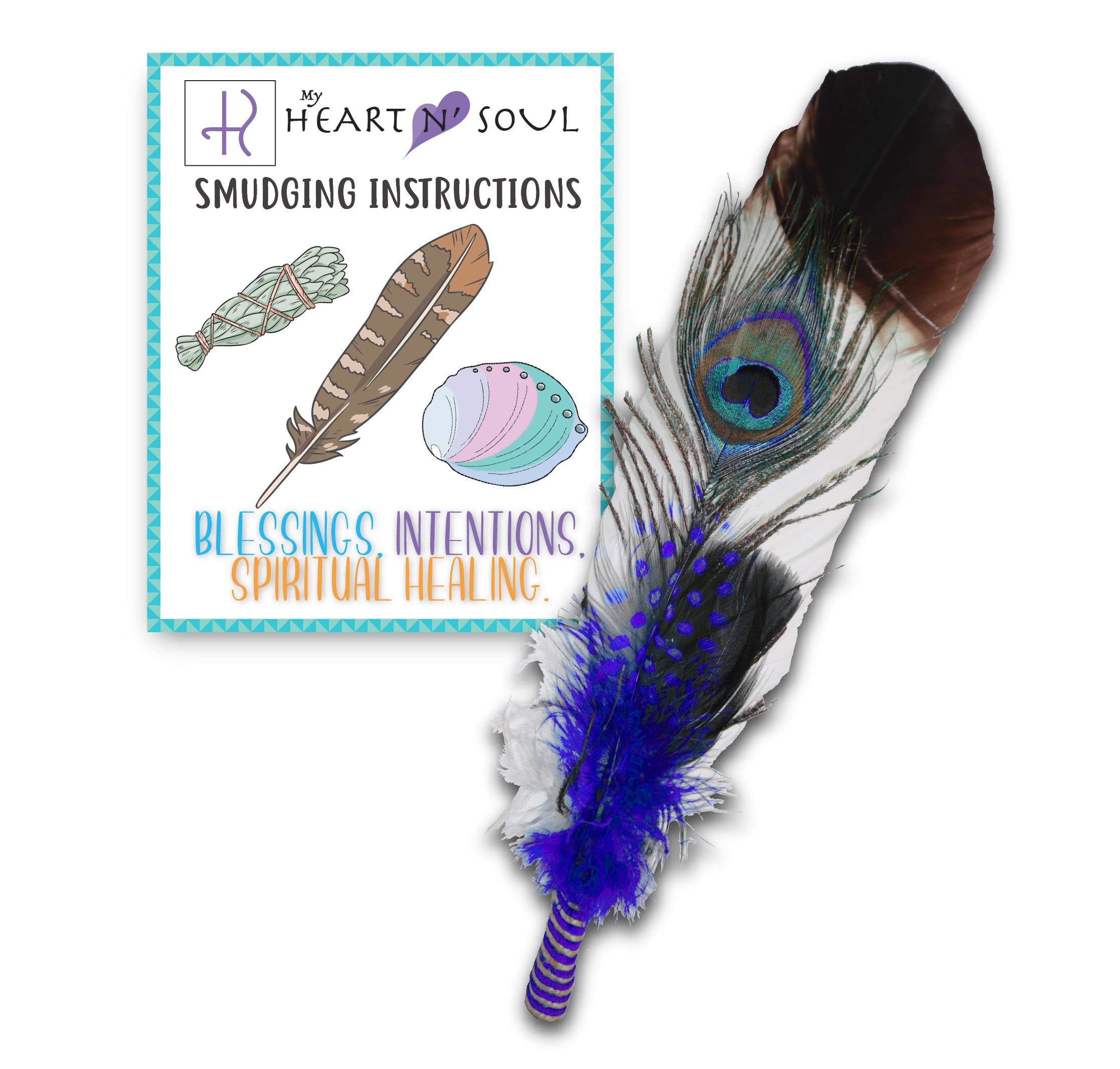 Handmade Smudge Feather Bundle - Turkey & Peacock Feathers for Spiritual Cleansing, Energy Clearing & House Smudging | Easy Beginner Guide Included (Blue) | Perfect for Meditation, Yoga, Home Blessing & Spiritual Rituals