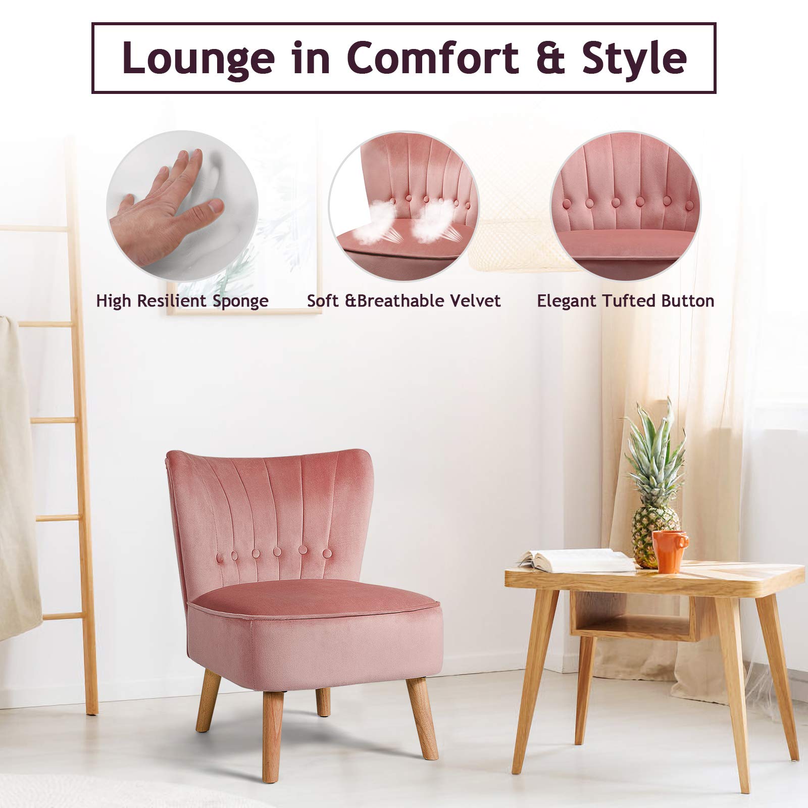 SAFSTAR Armless Accent Chair - Modern Wingback Velvet Sofa Chair with Sturdy Rubber Wood Legs & Plush Padded Seat, Upholstered Lounge Chair for Living Room, Bedroom, Office or Coffee Shop - Perfect for Relaxing, Reading & Entertaining Guests (Pink)