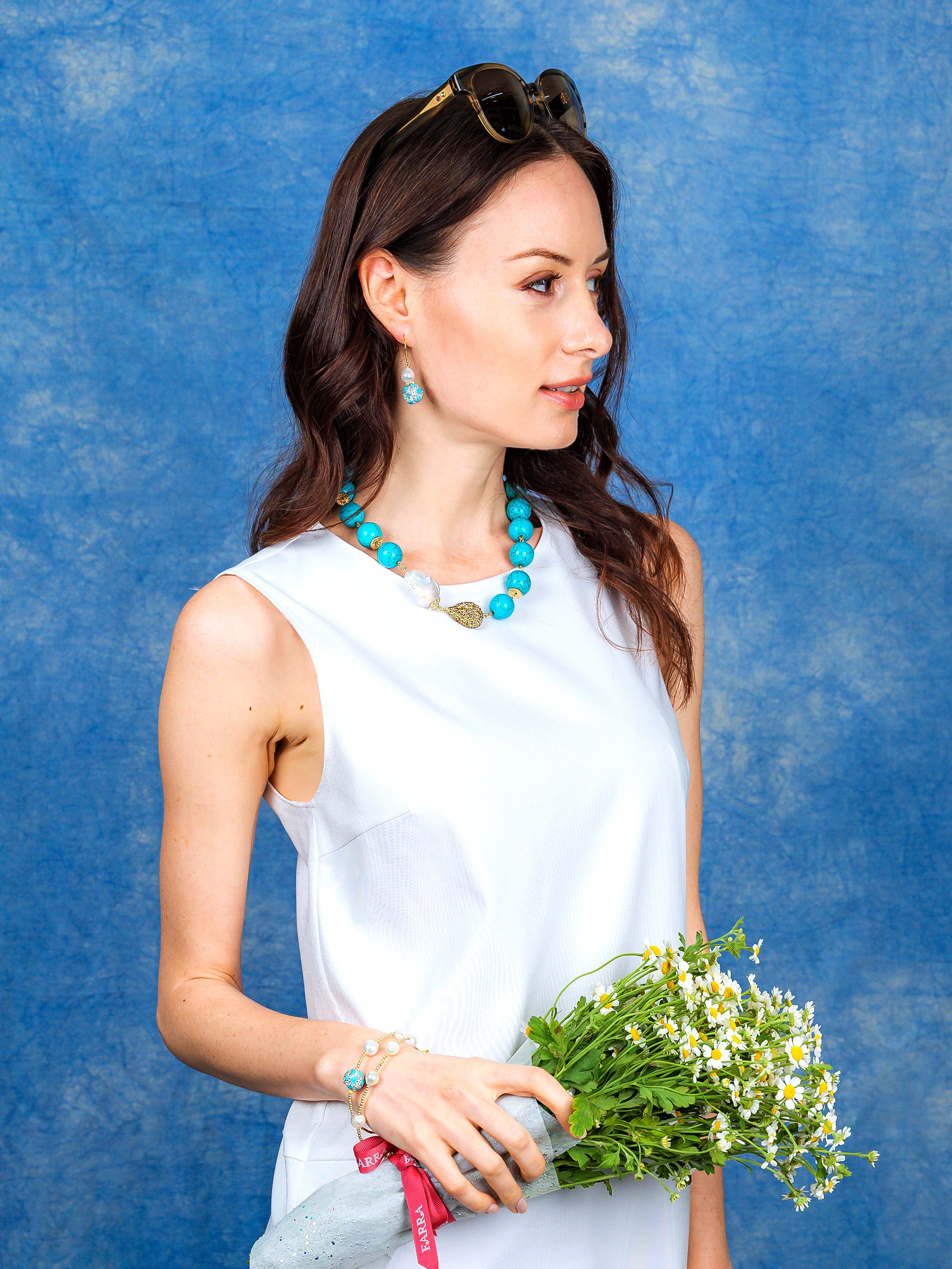 Elegant Freshwater Pearl & Rhinestone Turquoise Dangle Earrings EE007 - Perfect for Weddings, Parties & Special Occasions