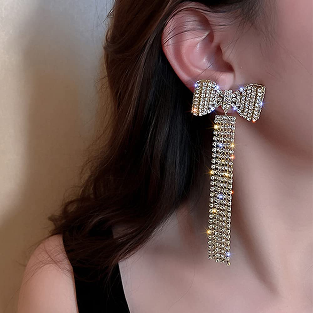 Wiwpar Elegant Long Fashion Bow Tassel Earrings for Women - Sparkling Rhinestone Dangle Earrings with Diamond Accents | Perfect for Parties, Weddings & Special Occasions