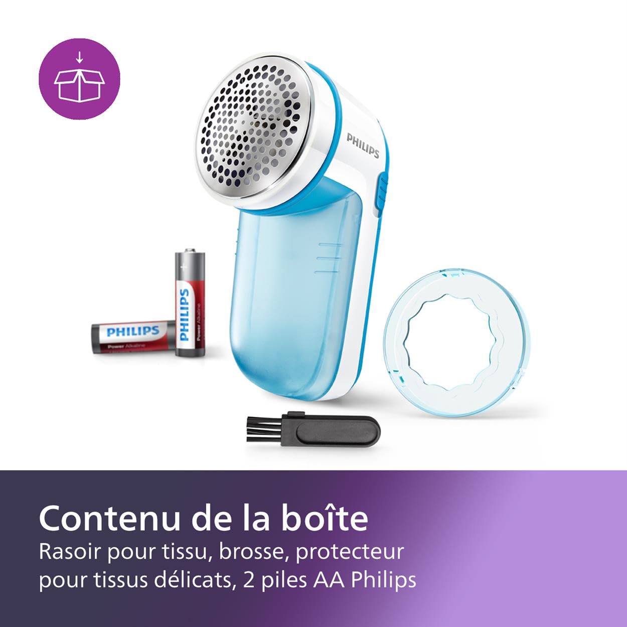 Philips GC026/00 Fabric Shaver - Electric Lint Remover for Sweaters, Blankets & Clothes - Large Blade Surface with Cleaning Brush & Batteries Included (Blue) - Perfect for Refreshing Old Garments & Removing Pilling