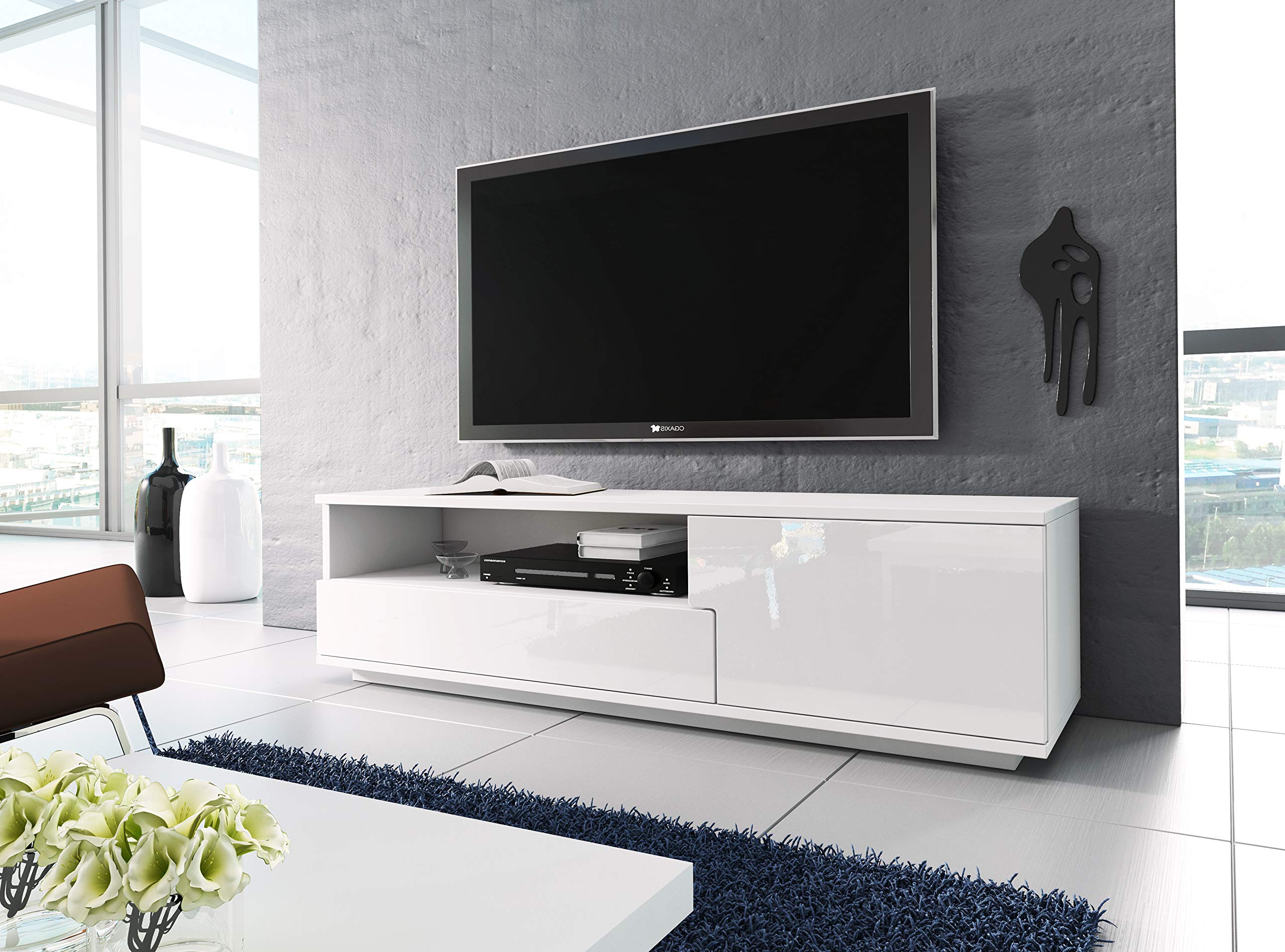 ONEL 2 TV Stand for Living Room - Modern White Entertainment Center with Storage Shelf | Perfect for Flat Screen TVs, Gaming Consoles & Media Devices