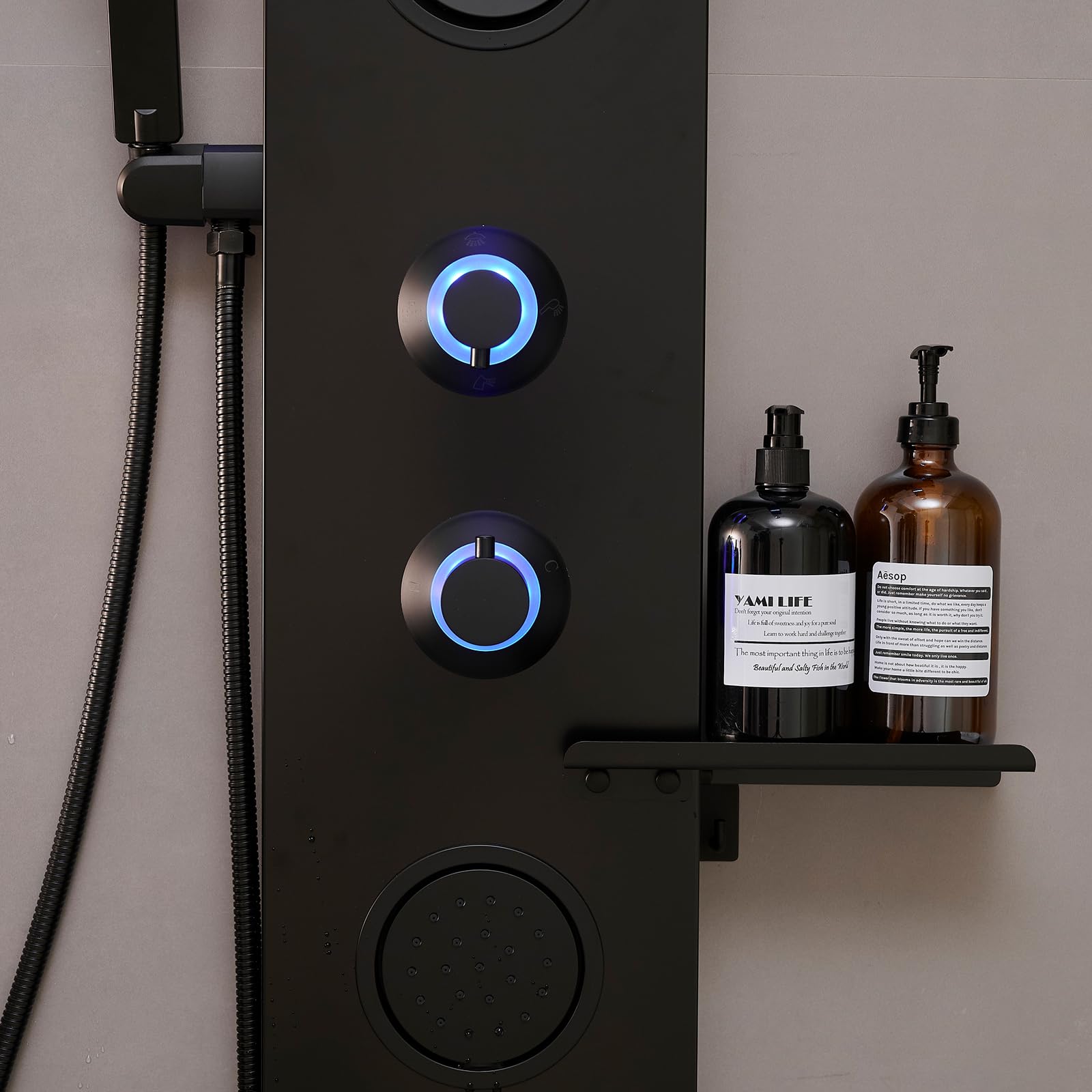 Premium Matte Black LED Shower Panel System with Rainfall Shower Head, Handheld Massage Jets & 304 Stainless Steel Storage Shelf - Modern Waterfall Bathtub Upgrade for Luxury Spa-Like Bathroom Experience