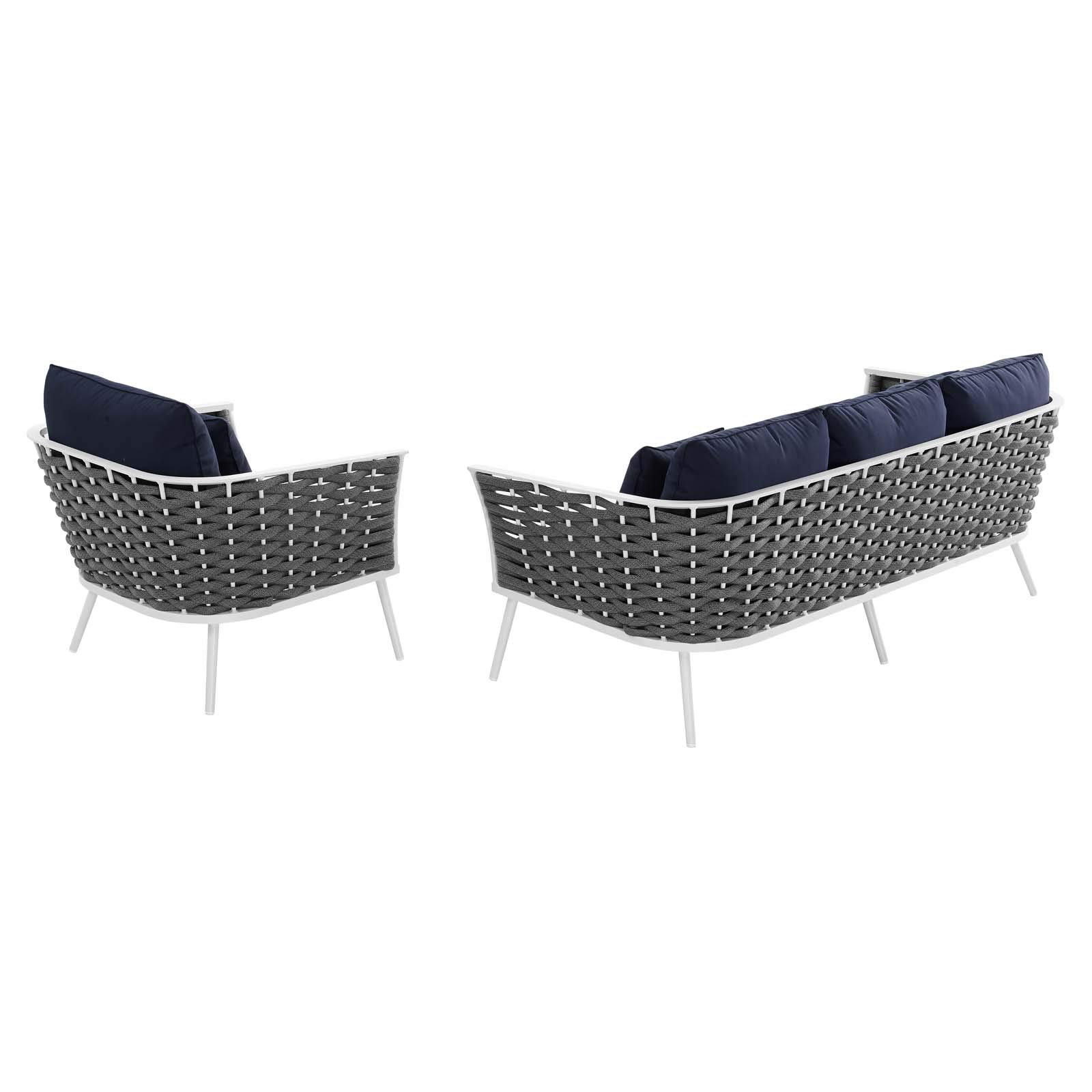 Modern Outdoor Patio Furniture Set - Aluminum Lounge Chair & Sofa with Navy Fabric Cushions - Perfect for Balcony, Garden, or Poolside Relaxation