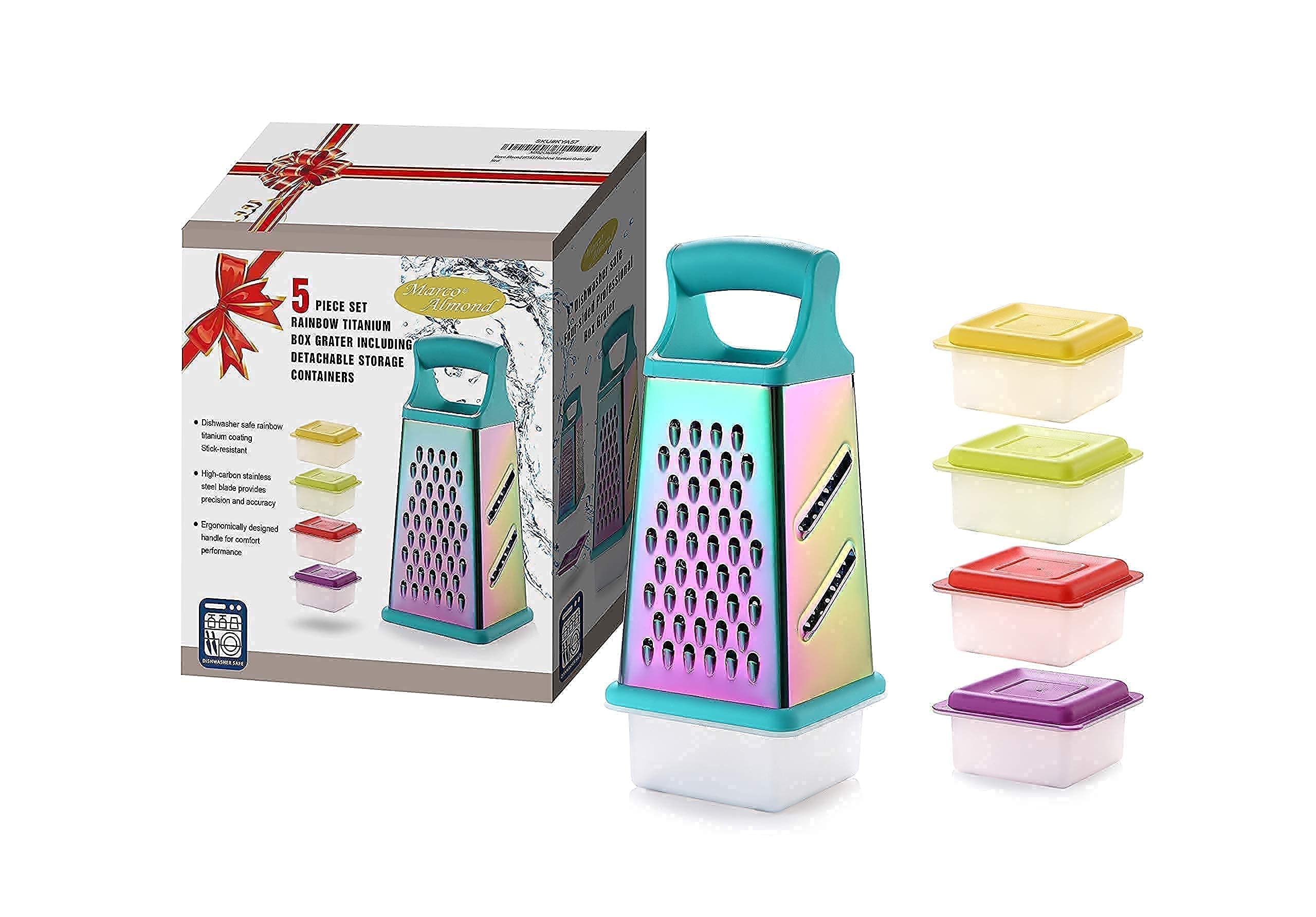 Rainbow Color Cutlery Knife Set - 5-Piece Professional Stainless Steel Kitchen Knives with Wooden Block & Box Grater | Perfect for Home Cooking, Food Prep & Gift Giving
