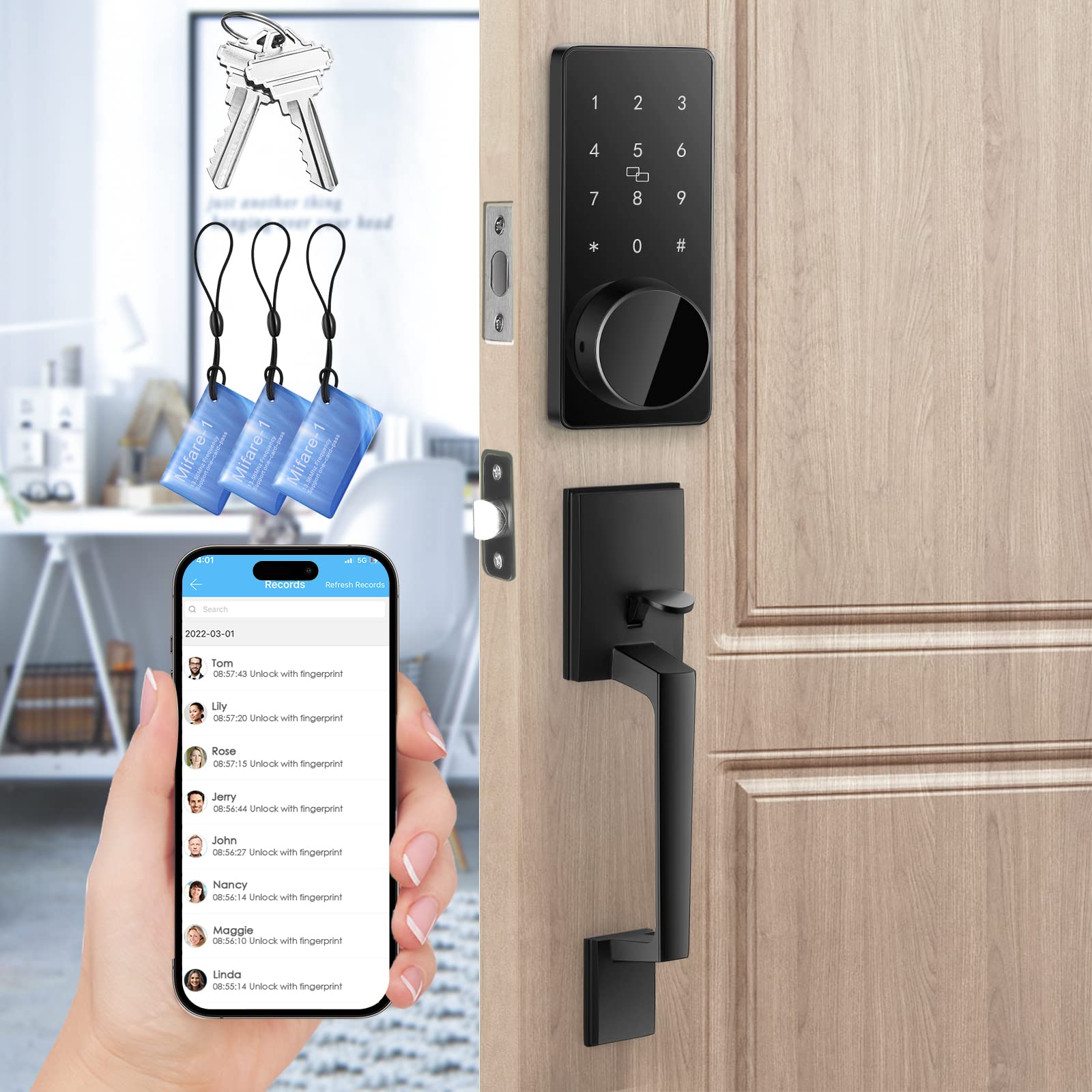 4 in 1 Smart Keyless Entry Front Door Lock Set - Touchscreen Keypad Deadbolt with Auto-Lock & App Control - Easy Installation for Home Security (Perfect for Apartments, Vacation Homes & Rental Properties)