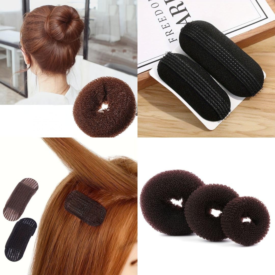 Black Hair Donut Bun Maker Set - 3 Pcs Hair Styling Donuts & 2 Pcs Volume Boosting Sponge Clips for Perfect Buns & Updos | Easy-to-Use Hair Accessories for Women | Great for Parties, Weddings & Everyday Styling