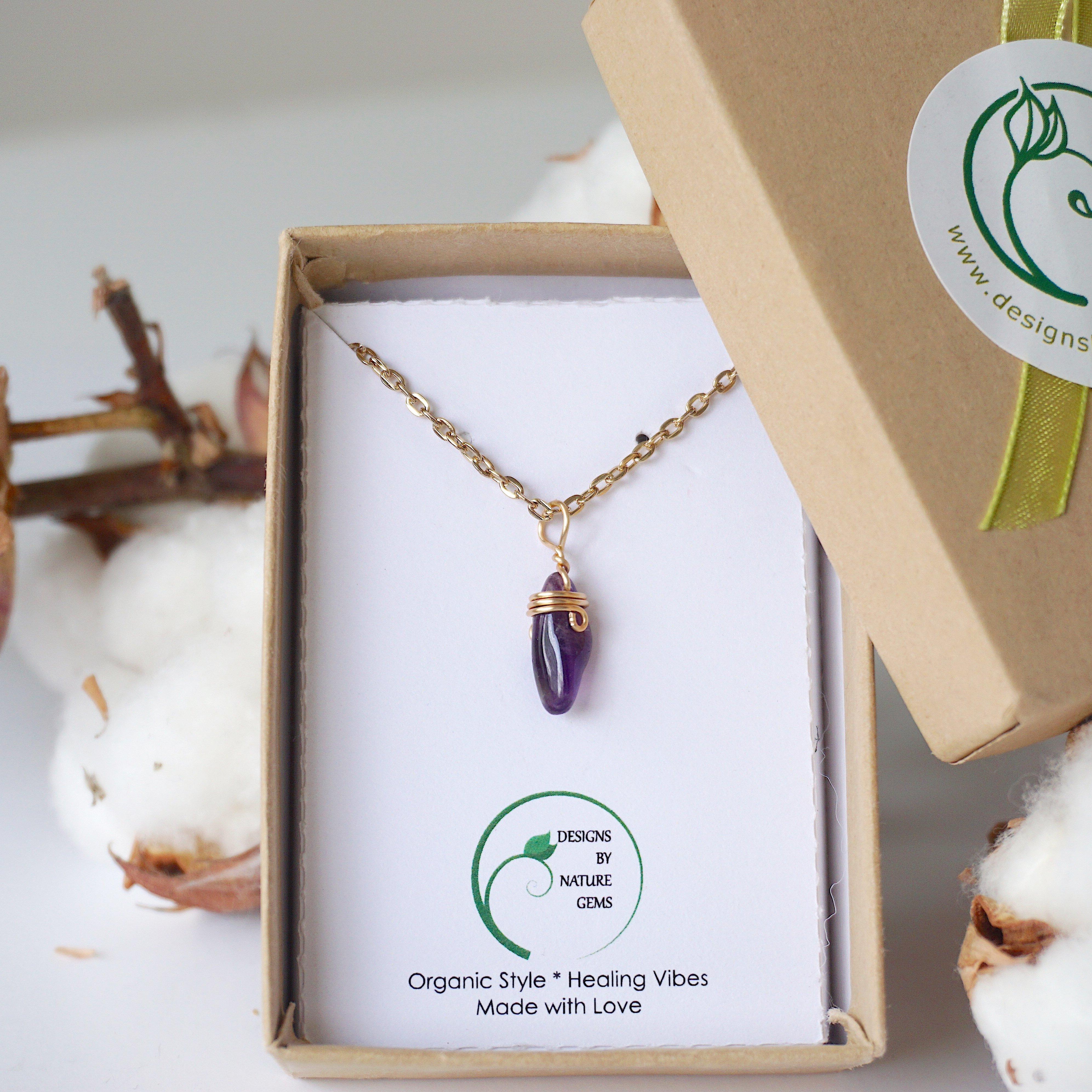 Amethyst Necklace - Gold Plated Brass Wrapped Charm Pendant Jewelry for Women - Perfect for Gifts, Meditation & Spiritual Healing