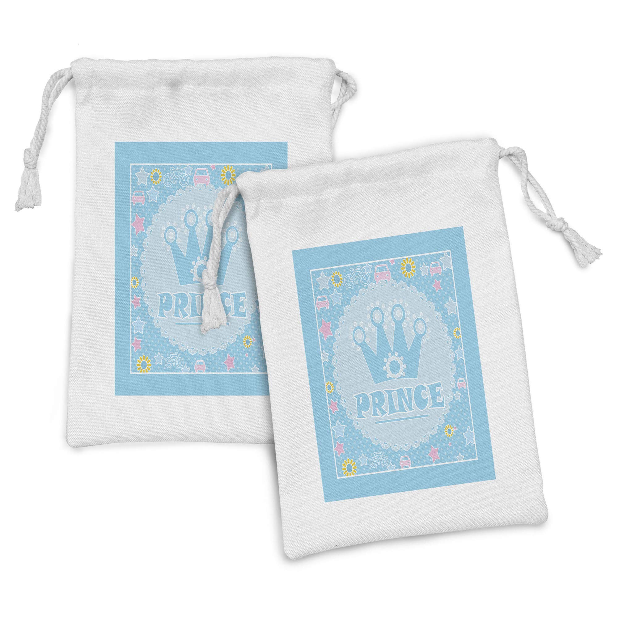 Ambesonne 2-Pack Fabric Drawstring Pouches - Prince Calligraphy Crown & Floral Cartoon Design, Small Multicolor Gift Bags (9