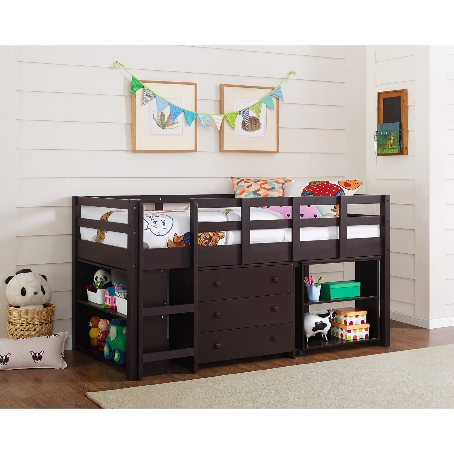 Naomi Home Twin Low Loft Bed with Built-in Study Desk for Kids - Space Saving Wooden Loft Bed with Storage, Espresso Finish - Perfect for Small Bedrooms, Dorm Rooms & Kids Study Areas