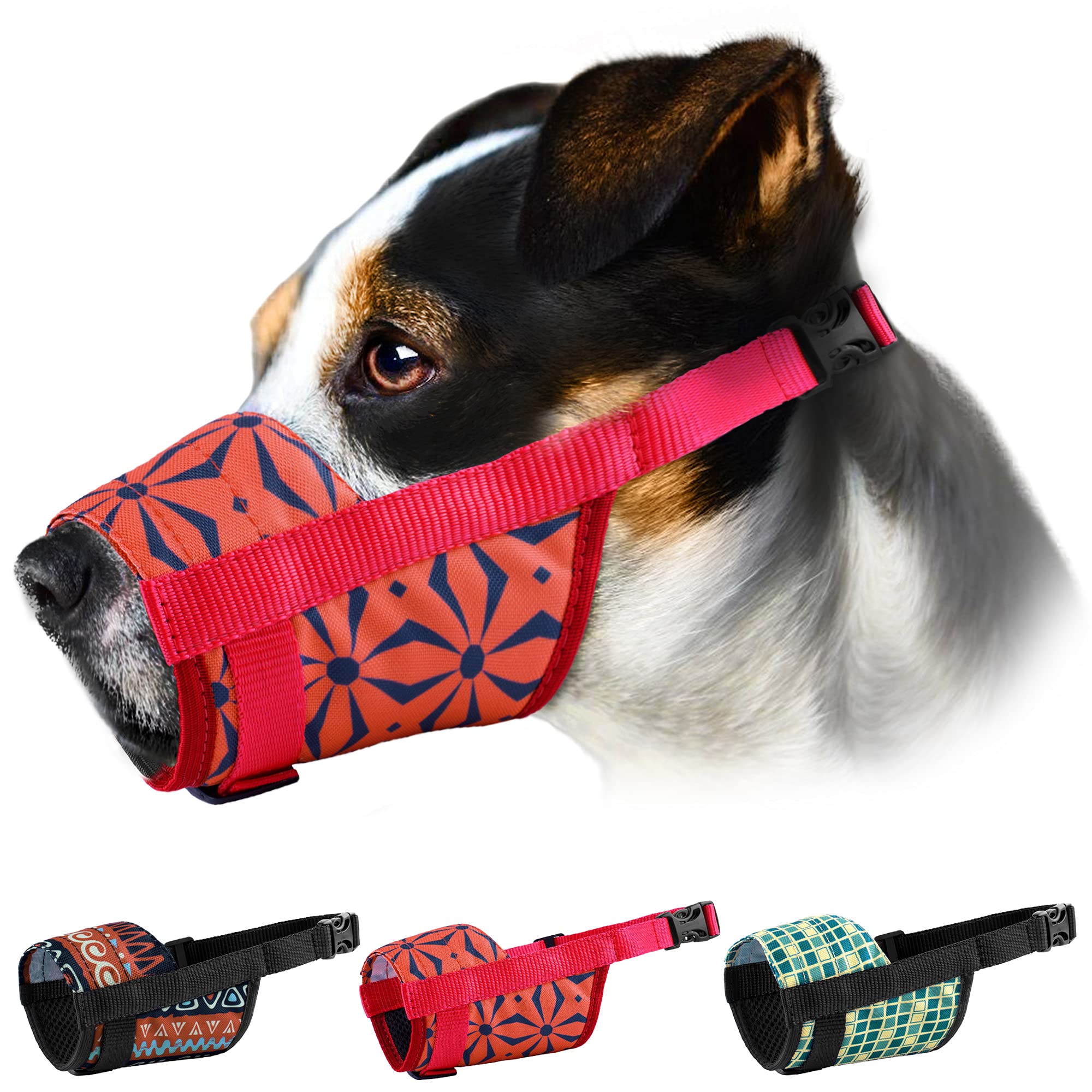 **Soft Breathable Dog Muzzle for Small, Medium & Large Dogs - Anti-Biting & Barking Control - Adjustable Puppy Mouth Cover with Stylish Pattern Print - Perfect for Training, Grooming & Vet Visits**