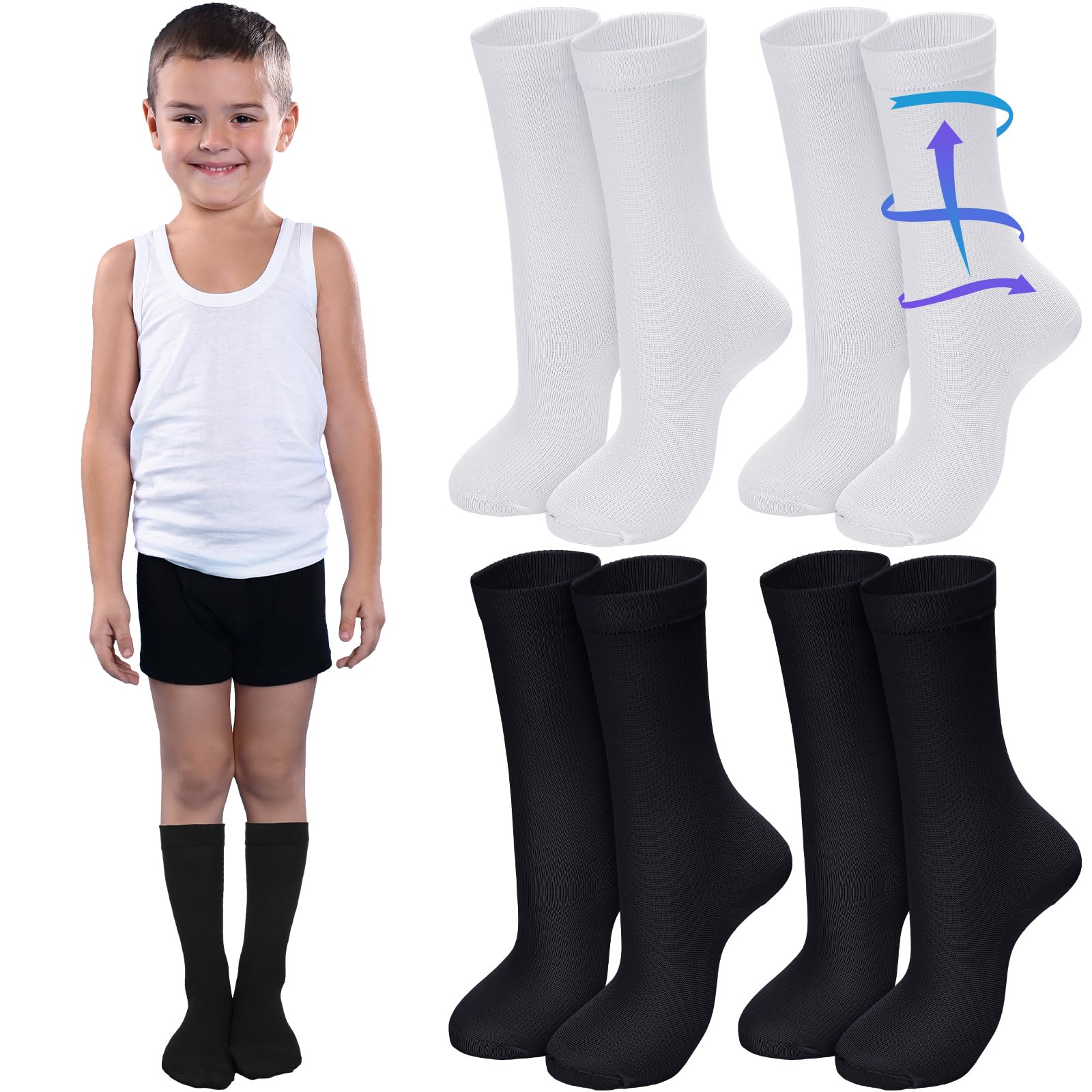 4 Pairs Kids Compression Socks 15-20 mmHg - Knee High Support Stockings for Children, Boys & Girls - Perfect for Travel, Sports & School Activities