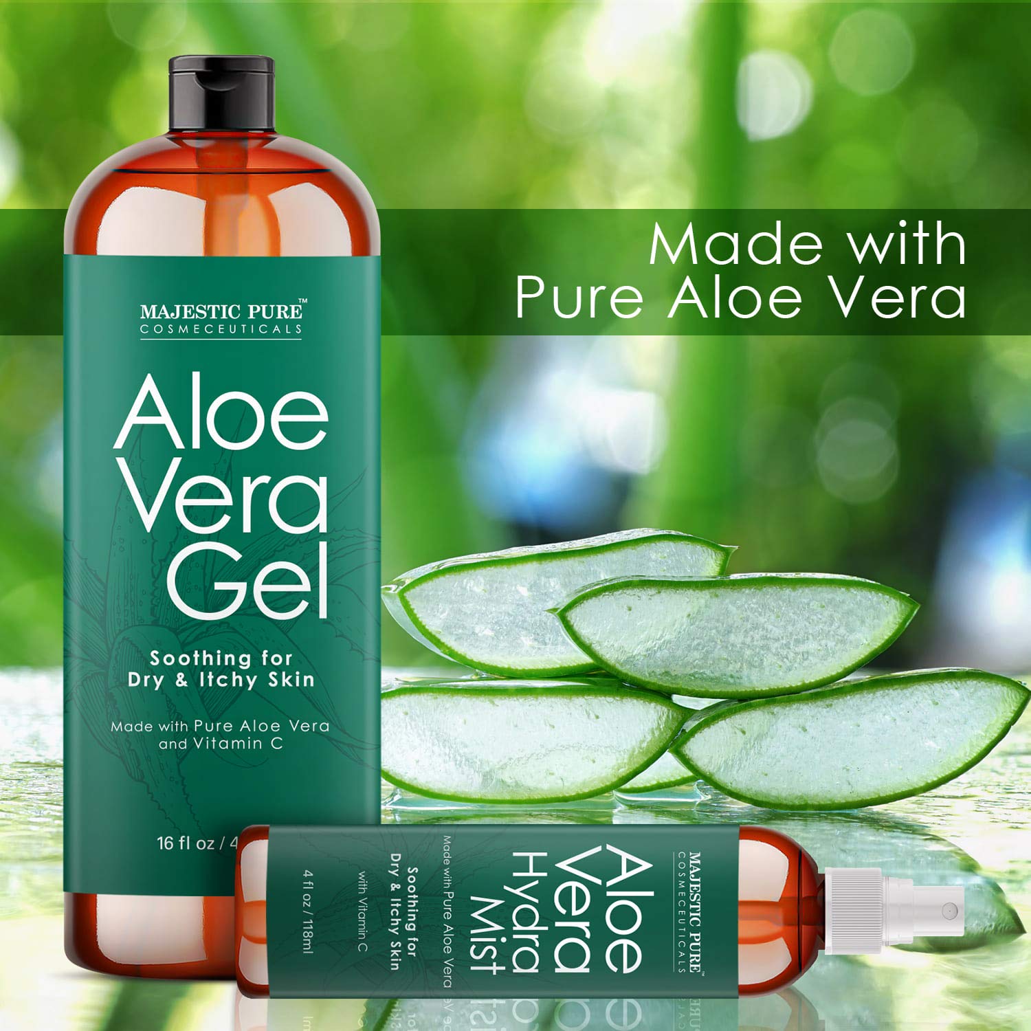 Majestic Pure Aloe Vera Gel & Hydrating Mist Set - 16oz Cold Pressed Aloe Gel + 4oz Refreshing Spray - 100% Pure Natural for Hair Growth, Face, Body & Skin Care - Perfect for Sunburn Relief, Daily Moisturizing & Post-Workout Refreshment