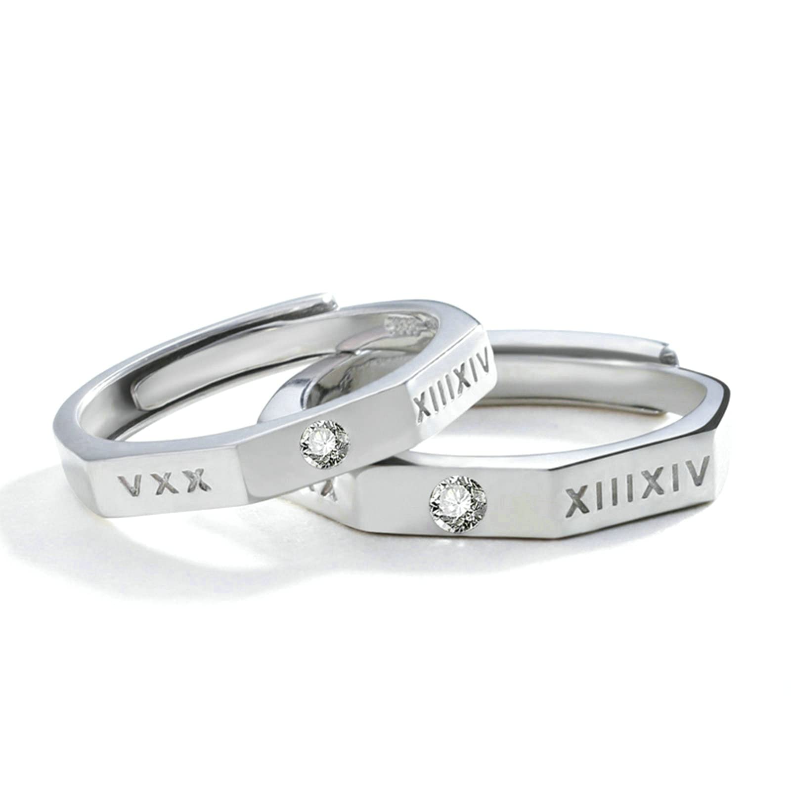 Personalized Sterling Silver Couple Engagement Rings with Roman Numerals & Cubic Zirconia - Adjustable Wedding Bands for Him & Her - Perfect for Anniversaries, Proposals, and Romantic Gifts