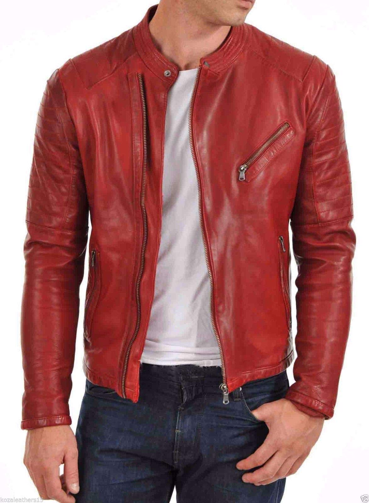 Men's Distressed Leather Jacket - Motorcycle Biker Bomber Jacket with Zipper, Stylish Red Outerwear for Riding & Casual Wear