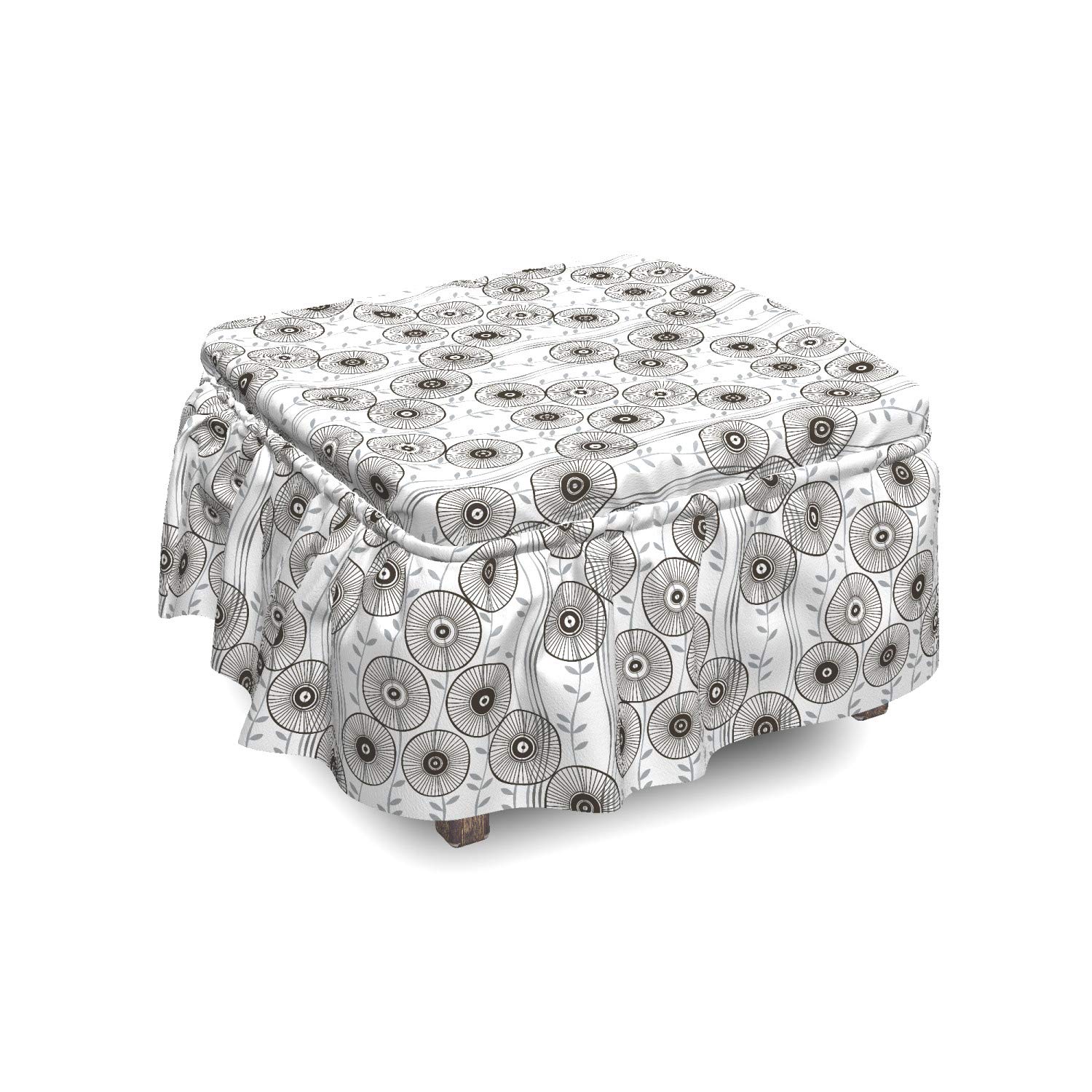 Ambesonne Abstract Ottoman Cover Set - Wagon Wheel Design, 2-Piece Slipcover with Ruffle Skirt for Square/Round Footstools | Dark Taupe Grey & White | Home Decor Accent for Living Room, Bedroom & Office