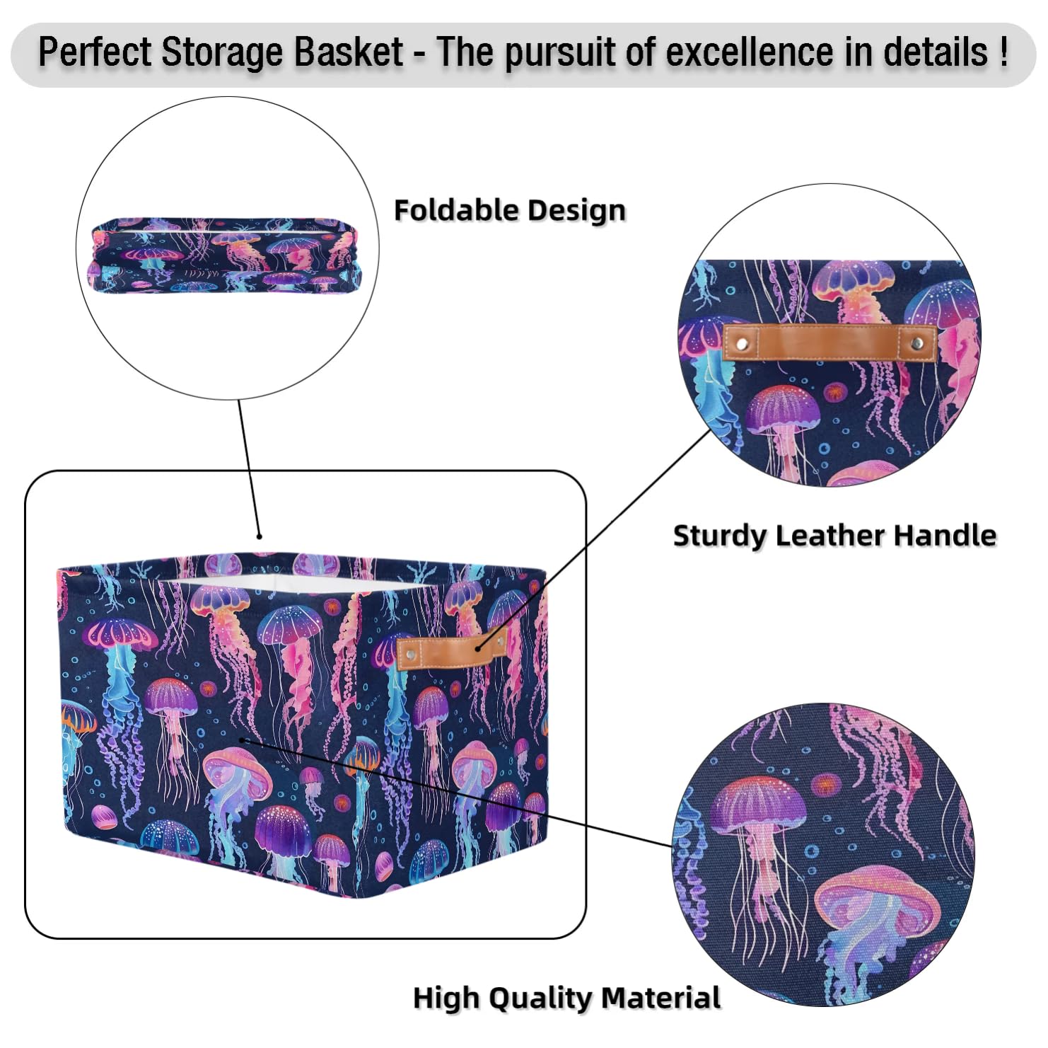 Large Purple Jellyfish Storage Baskets - 2 Pack Fabric Closet Organizers with Handles, Collapsible Decorative Bins for Shelves | Perfect for Home Organization, Clothes & Toy Storage in Bedroom, Nursery or Playroom