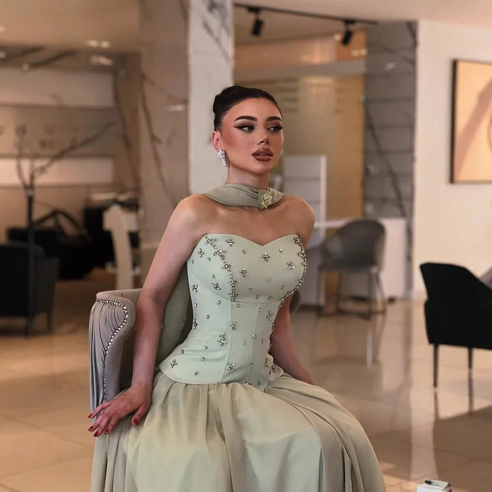 Elegant Sage Green Strapless A-Line Chiffon Evening Dress LA73073 for Prom, Wedding, Cocktail Party & Formal Events