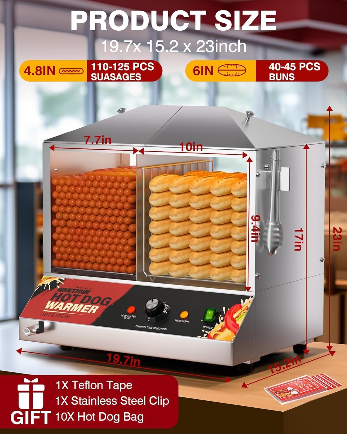 Commercial Hot Dog Steamer 36L/38QT with Bun Warmer - Stainless Steel Cabinet & Tempered Glass - Holds 200-275 Sausages & 45 Buns - 1200W for Restaurants, Food Trucks, and Catering Events