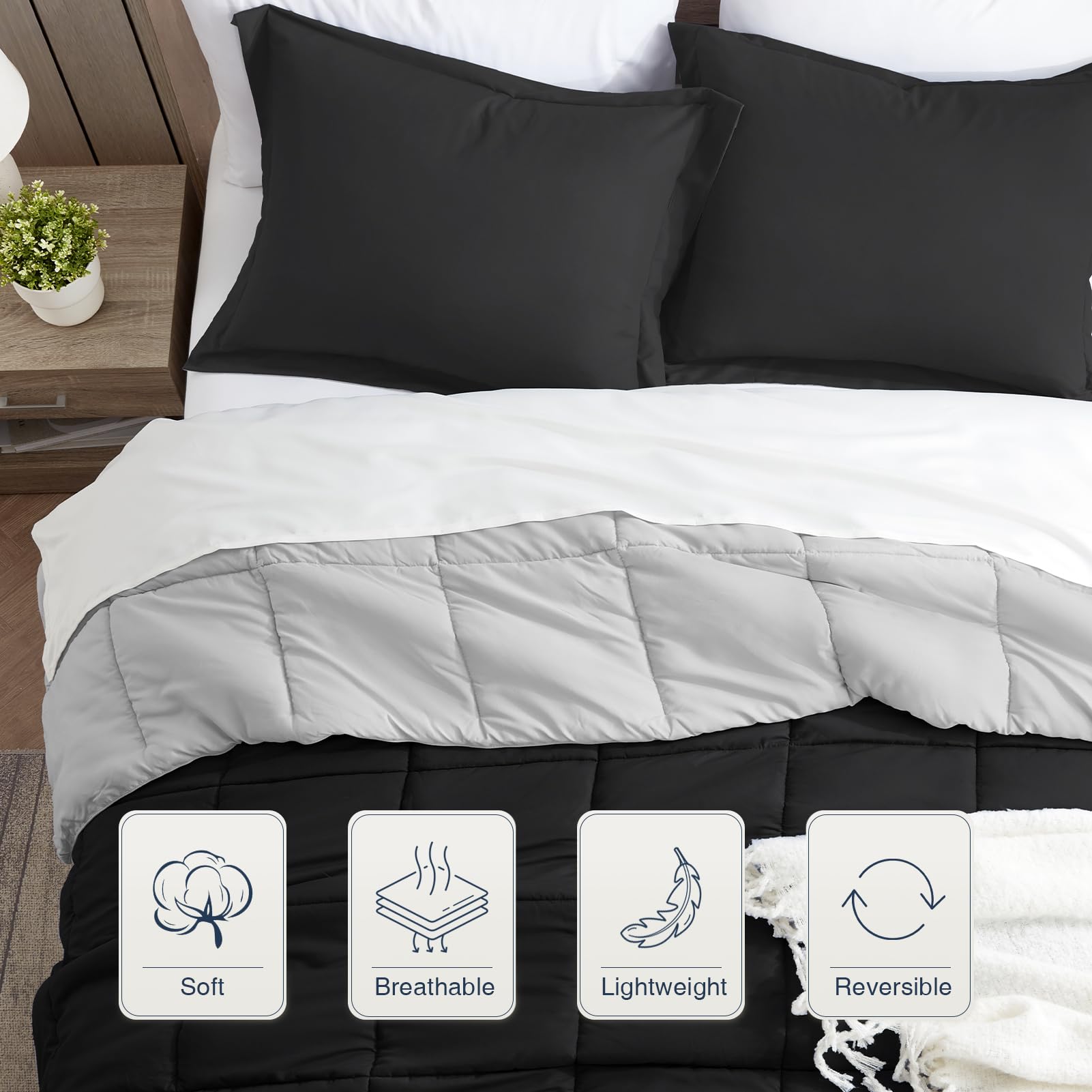 Satisomnia Full Size Comforter Set - 3 Piece Black Down Alternative Bedding | Lightweight, Soft & Breathable Quilted Comforter | Reversible All Season Bed Set for Cozy Sleep | Perfect for Guest Rooms, Dorms & Master Bedrooms